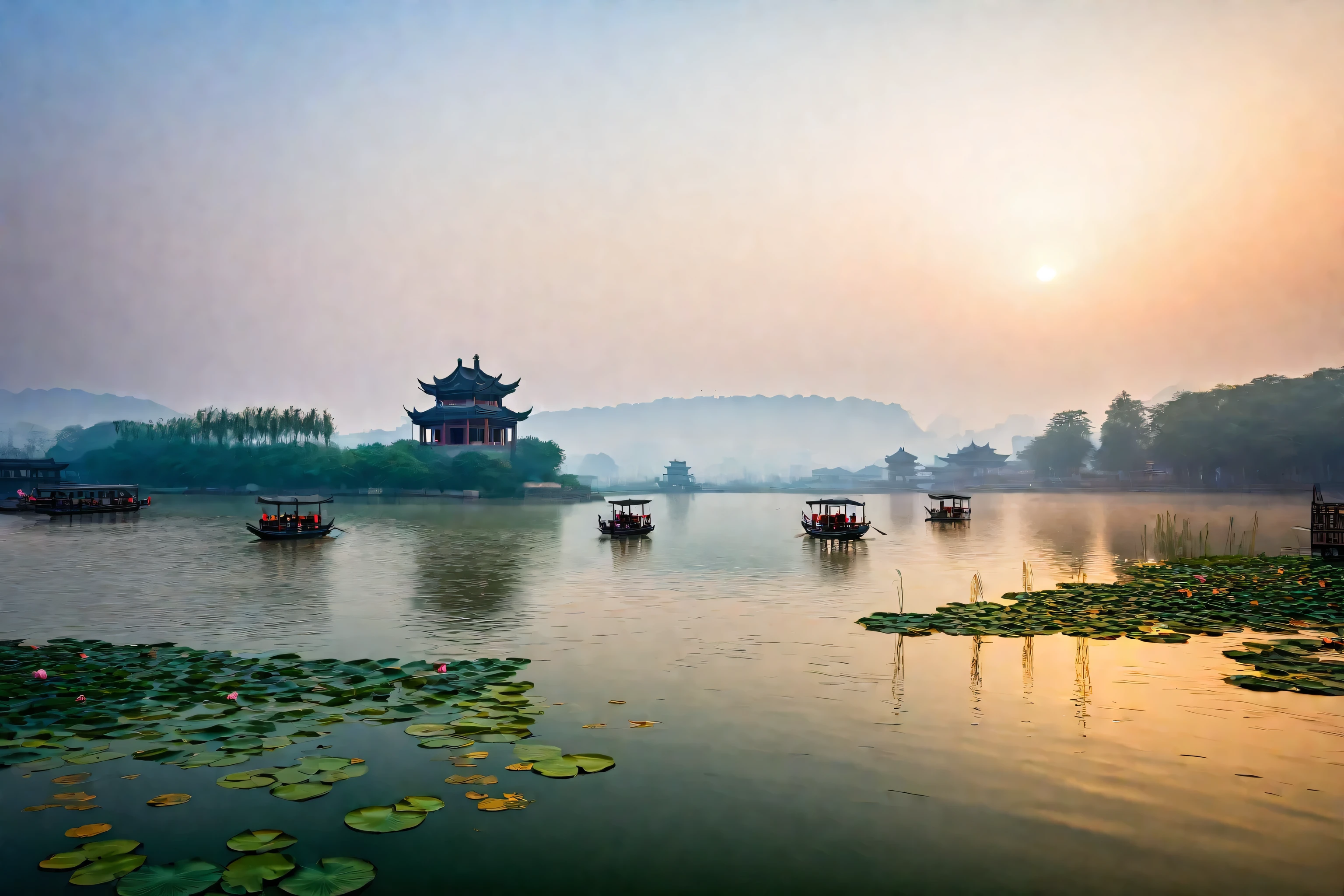 Alafud Lake View，Pagoda in the background, Chinese scenery, Hangzhou, old Chinese building,  nice images, Sunset, Sunset, Tang Dynasty Palace, at sunrise, Lotus flowers on the water, At sunrise, Lotus Pond, shutter, author：Shi Rui, Beautiful scenery, There is a small boat on the river at night with two people misting, Chinese scenery, (mist), old Chinese building, foggy photo 8k,Drone shooting of mist, Chinese dreamland masterpiece、high resolution, (Reality:1.4), reality photos, Ultra-wide-angle view, National Geographic Photo, RAW photos，Best quality），（reality，照片Reality：1.3），masterpiece，Extremely exquisite and beautiful，high resolution，Original，Perfect lighting，Amazing，Fine details