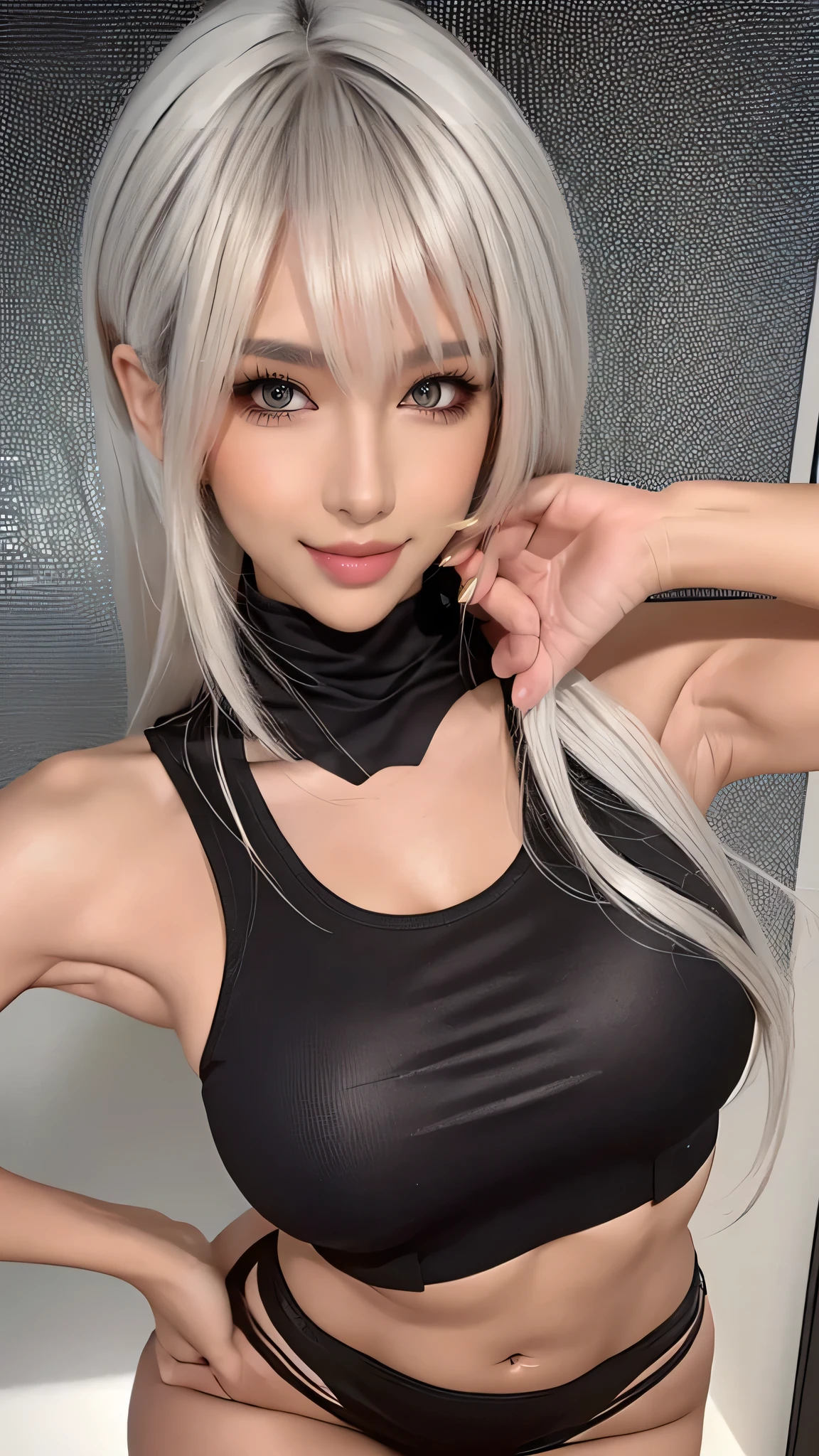 from below,(sweater,tight mini skirt,stockings,Engineer boot),(random pose),silver hair,(tanned skin:1.5),(Thin type:1.8),(big breasts),(random hairstyle),(Highest image quality,(8k),ultra-realistic,best quality, high quality, high definition, high quality texture,high detail,beautiful detailed,fine detailed,extremely detailed cg,detailed texture,a realistic representation of the face,masterpiece,Sense of presence)