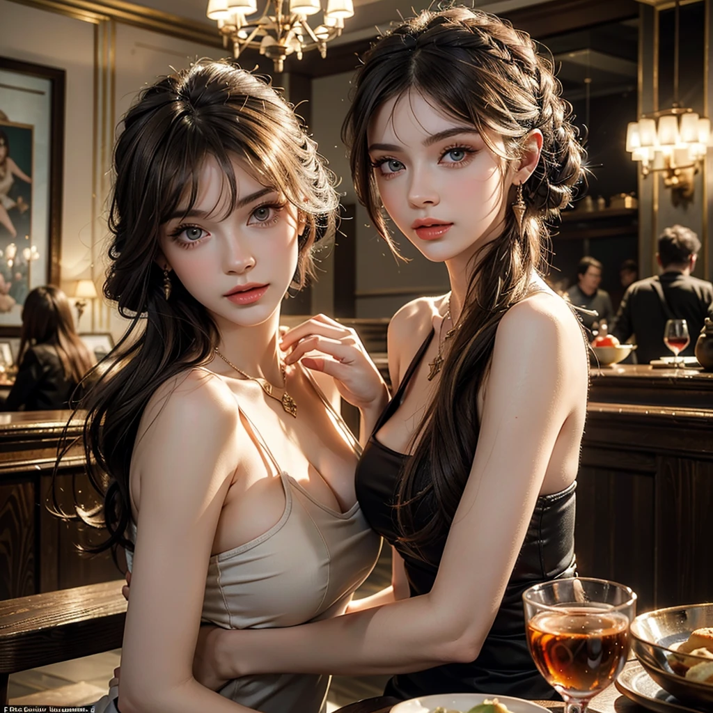 beautiful young russian woman, 8k, detailed face, high quality, photorealistic, stunning eyes, long eyelashes, attractive facial features, flawless skin, light brown hair, tight waist, cleavage, stylish clothes, necklace, active posing, rough long hairstyle, vivid colors, masterpiece, best quality、Enjoying tea time at a stylish cafe