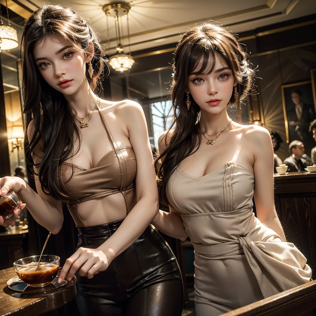 beautiful young russian woman, 8k, detailed face, high quality, photorealistic, stunning eyes, long eyelashes, attractive facial features, flawless skin, light brown hair, tight waist, cleavage, stylish clothes, necklace, active posing, rough long hairstyle, vivid colors, masterpiece, best quality、Enjoying tea time at a stylish cafe