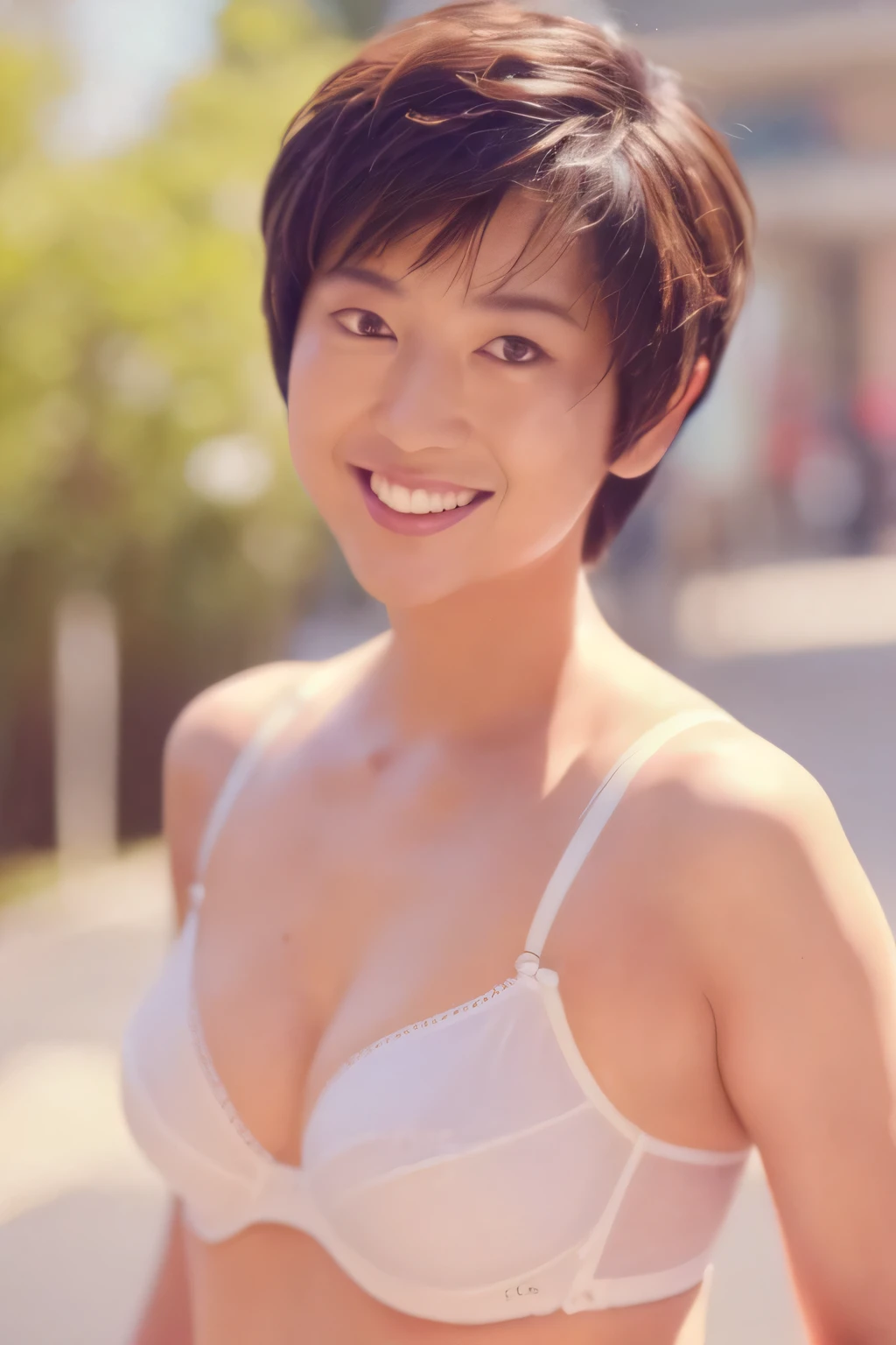 NSFW:1.5,((highest quality、8K resolution、master masterpiece、portrait:1.3)), Photoreal, 35mm film, 1 Japanese female, Upper body、on the street during the day, wrinkles around the eyes、plump body、cleavage、boyish_pixie cut、smile,((white bra_panties:1.3)) , (outdoor:city street 1.3), jumbled background,look at the audience,Tokyo cityscape:1.3