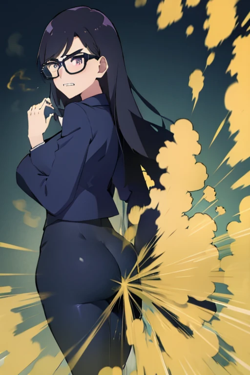 HD, high quality, high resolution, ultrahd, Hizuruminakata, wearing default outfit, black suit, default hair, black hair, tall body, big body, matured looks, farting, fart, yellow fart, massive fart, velocity, farts, yellow smoke, clenching teeth, bending forward, leaning, hand on tummy, farts, farts from ass, viewing ass