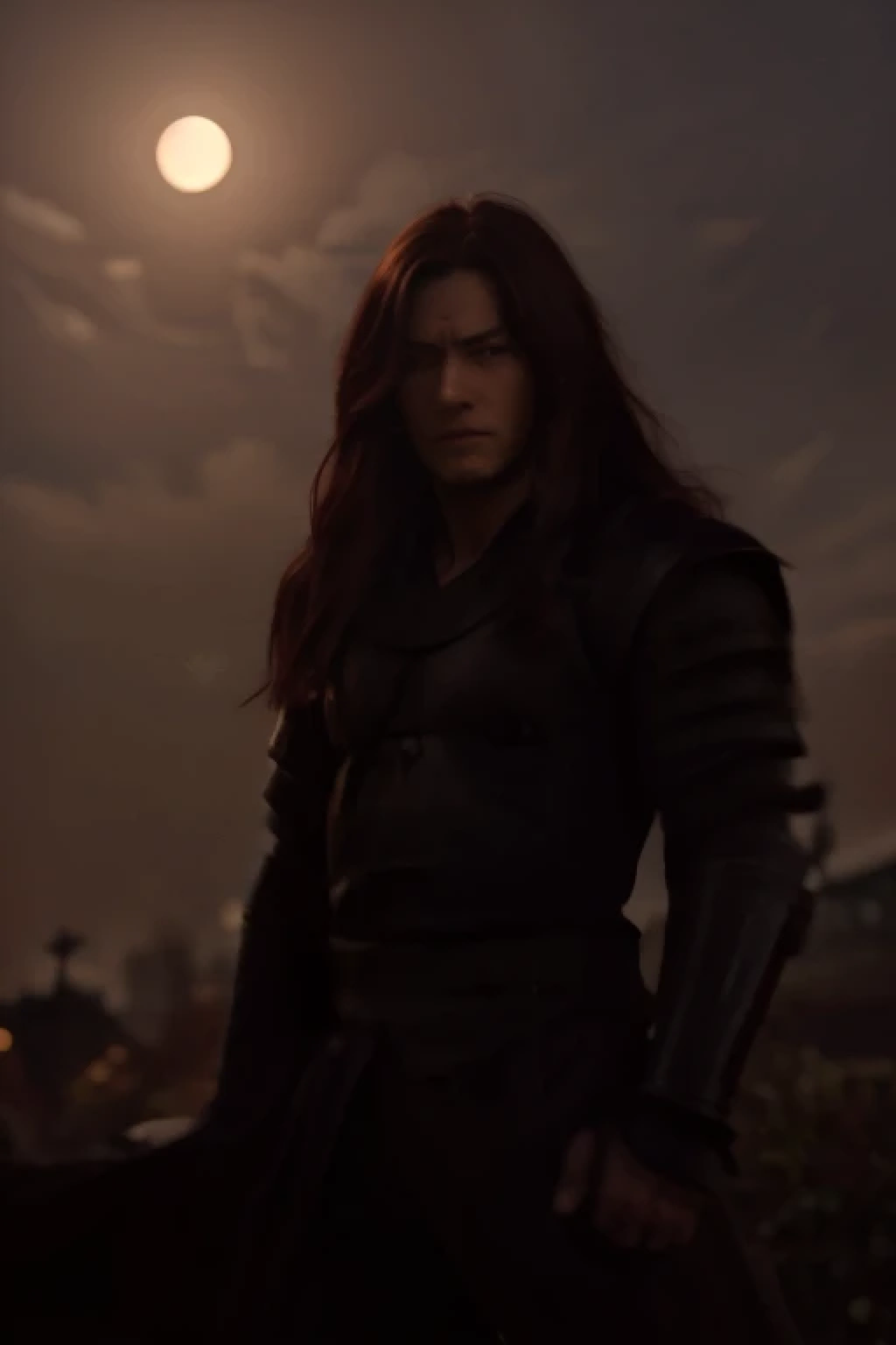 Real life adaption of this character,his name is Madara uchiha from anime Naruto,Korean adult handsome face,realistic long messy hair,realistic outfit with red iron armor like samurai,realistic light,realistic shadow,realistic background,(photorealistic:1.2),very angry expression,red eyes color,the moon in the background is red color male