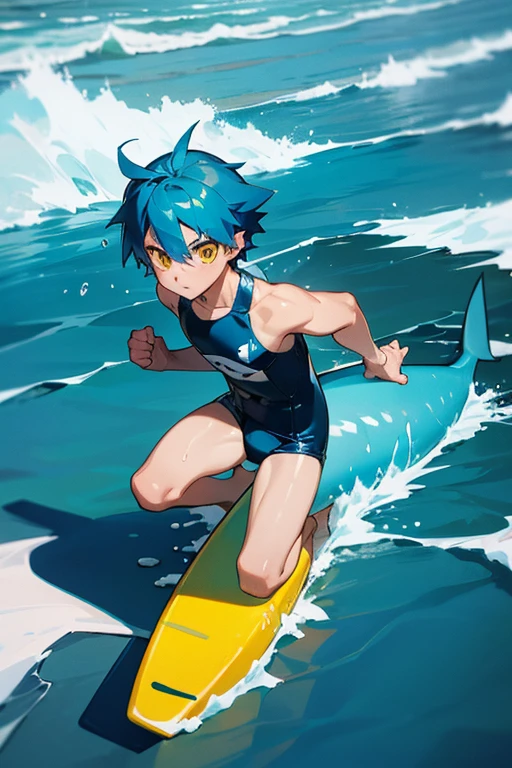 12 year old boy, blue hair, yellow eyes, full body, snorkel goggles, shark swimsuit, swim diaper, swim shoes, shark surfboard, Swimmer, Surfer, Diver,