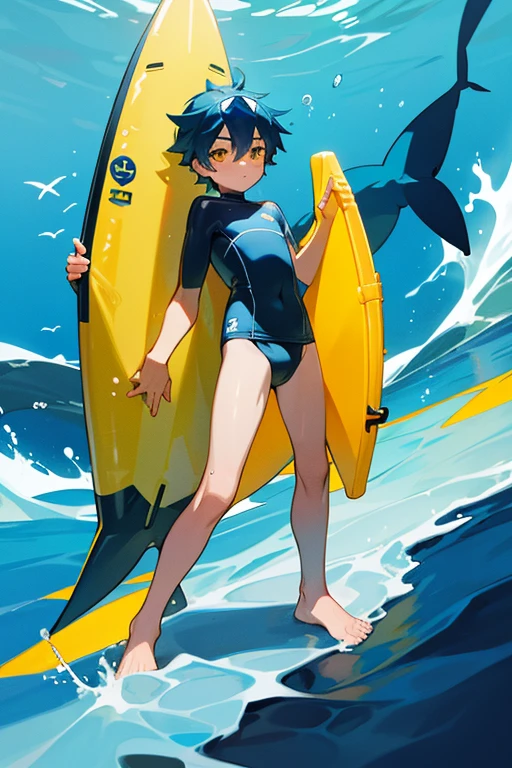 12 year old boy, blue hair, yellow eyes, full body, snorkel goggles, shark swimsuit, swim diaper, swim shoes, shark surfboard, Swimmer, Surfer, Diver,