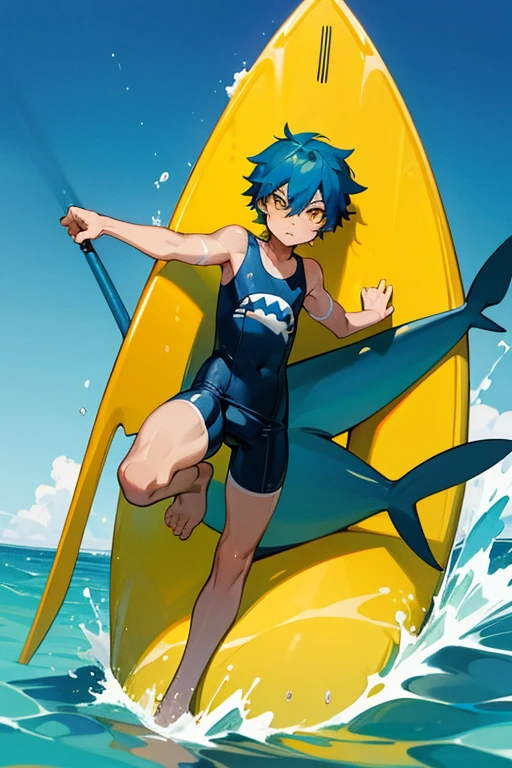 12 year old boy, blue hair, yellow eyes, full body, snorkel goggles, shark swimsuit, swim diaper, swim shoes, shark surfboard, Swimmer, Surfer, Diver,