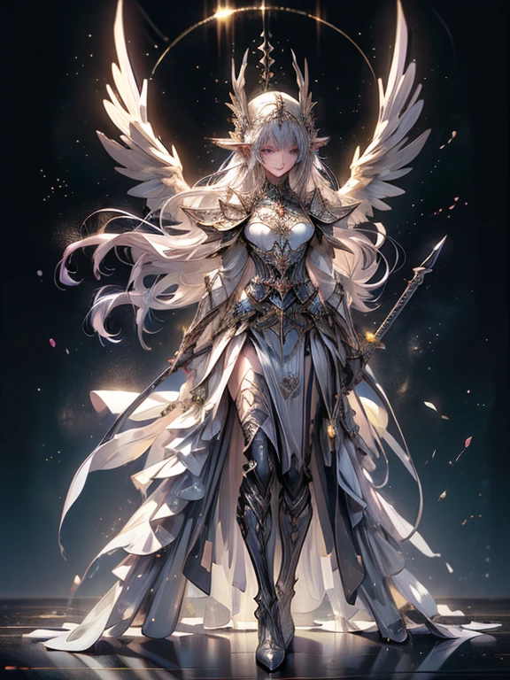 (((masterpiece, best quality, high detailed, 4k))) Design a layout showcase Gaming character, (1girl). Purple|Black clothes, stylish and unique. ((showcase weapon:1.4)), arcane tome. (masterpiece:1.2), (best quality), ultra-detailed. (Step by step design, layout art:1.5), (luminous lighting, atmospheric lighting). arcane elf, ((glove full hands)), (((revealing clothes:1.3))), vambraces, armored legwear, (((full_body_shot:1.4))). {In a mystical library}. Zentangle, mandala, tangle, entangle, fractal art:1.3, maxiskit, dress conservatively, (elf:1.2), solo, full body, wide shoot, standing with white boots, holding sword down, blunt bangs, hair between eye, white hair, golden eyes, long hair, elf ears, Valkyrie white armor, angel, chest protector, side bang, from front, extra size body, night, mountain, look at viewer, dynamic pose, art style by Artgerm, by Kawacy, by Wadim Kashin, BREAK, eyelashes, eyeshadow, pink eyeshadow.