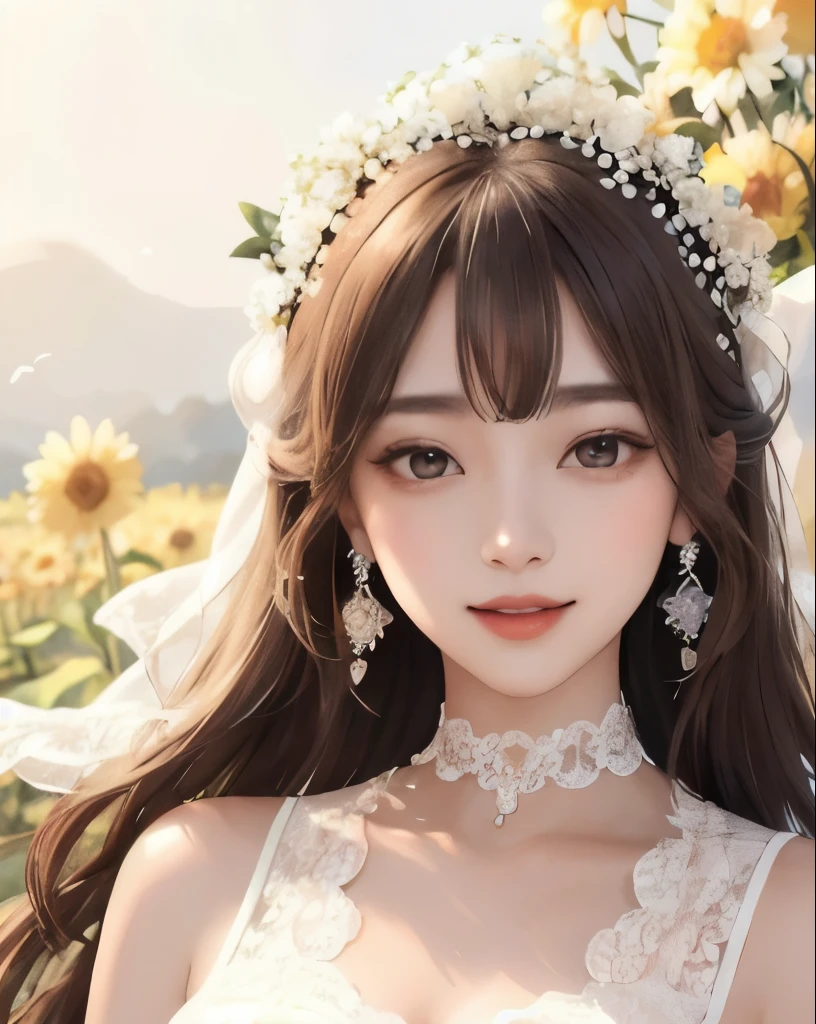 highest quality、masterpiece、
vivid、beautiful girl、1 person、wide double eyelids、Big eyes、Sepia eyes、Upper Body、Japanese、Long Hair、Brown Hair、((White lace dress、organdy))、Princess、Princess、clear、choker、Earrings、Flower Field、sun、Daytime、bright、vivid、Flower Crown、Natural smile