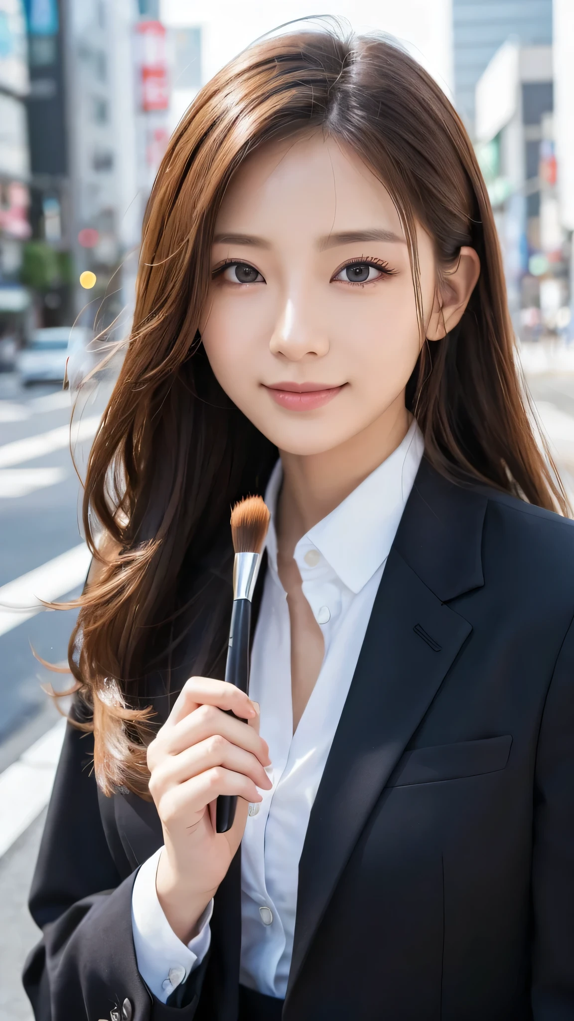 table top、highest quality、genuine、Super detailed、finely、High resolution、8k wallpaper、one beautiful woman、、、light brown disheveled hair、wearing a business suit、sharp focus、perfect dynamic composition、beautiful and detailed eyes、thin hair、Detailed genuine skin texture、smile、model body shape、In Tokyo at morning、Brush your hair up with your fingers.