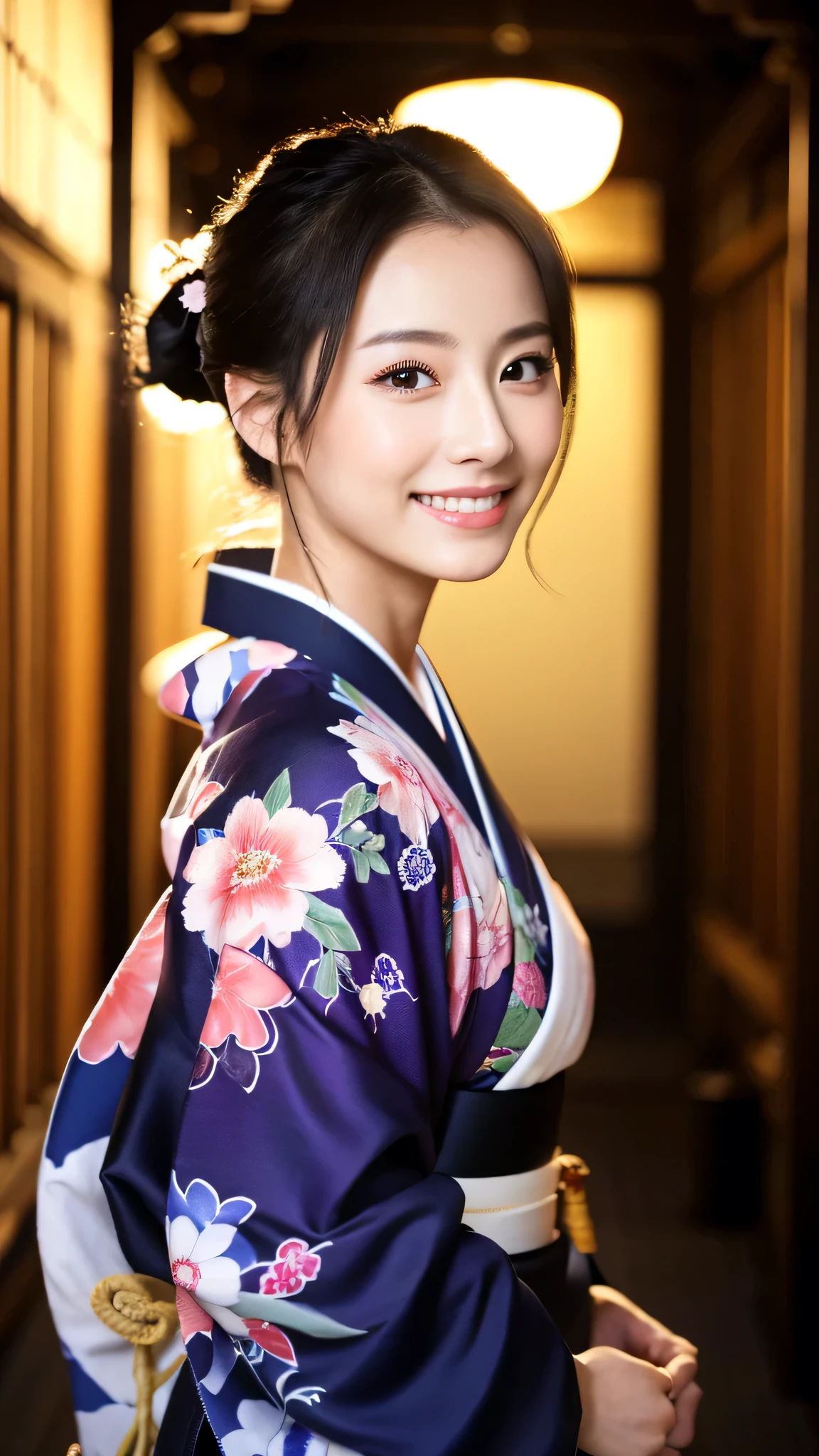 (Super beautiful woman in kimono)、((highest quality、8K masterpiece:1.3))、sharp focus:1.2、(super beautiful face:1.0)、(shiny skin:1.0)、realistic pictures、black hair、video lighting、High resolution eyes and face、video lighting、japanese actress、from the front、with a happy smile、whole body、wearing a kimono、in Kyoto、(luxury obi)、Brush your hair up with your fingers.