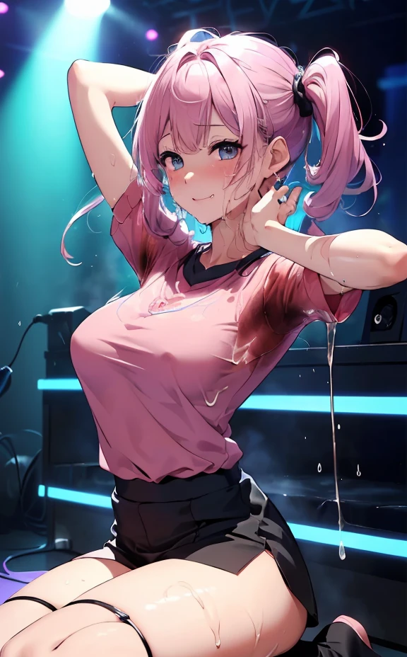 NSFW、(Masterpiece, highest quality: 1.2), (High resolution: 1.1), (highest quality), Black and pink hair、(Twin tails)、Mine system、(Pink Shirt)、Black Skirt、Black knee socks、(Nightclub)、Idol、on stage、A large audience、(((pussy)))、((((Love juice))))、((Body odor))、Trance、(((Sweat)))、Big Breasts、((Full body photo))、smile、(((全身Sweatまみれ))、(((Soaked from head to toe)))、((body fluid))、(((Leg spread)))、(((Massage the breasts)))、((Squirting))