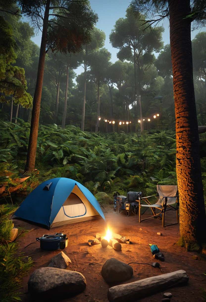 Acampamento com barracas sob as estrelas na floresta, cercado pelas chamas da fogueira. The scene also includes nature exploration using backpacking gear.. Moderado: figura, realista. Mais detalhes: Vegetation around the camp, Equipamentos de camping espalhados, Equipamento de acampamento detalhado, including kitchen utensils, saco de dormir, lanterna. Qualidade da imagem: (mais alta qualidade,4k,8K,high resolution,Obra de arte:1.2),Super detalhado,(realista,photorealista,photo-realista:1.37),high resolution,Studio lighting,sharp focus,cores vibrantes. Estilo de arte: paisagem, Aventura ao ar livre. paleta de cores: Tons de terra acentuados com tons quentes de chama. lighting: O suave luar iluminando o acampamento, A luz quente de uma fogueira.