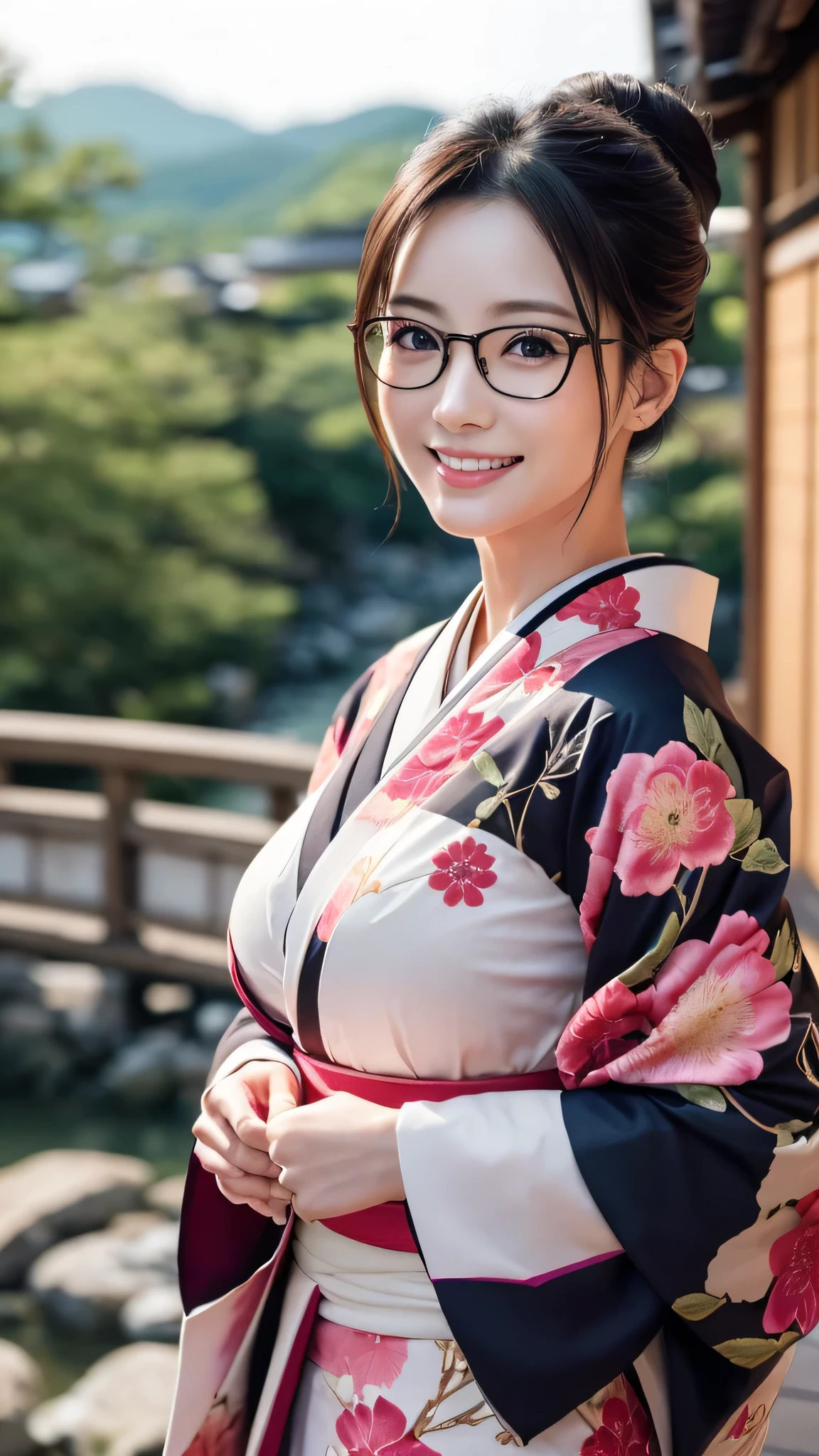 (Super beautiful woman in kimono)、((highest quality、8K masterpiece:1.3))、sharp focus:1.2、(super beautiful face:1.0)、(shiny skin:1.0)、realistic pictures、black hair、video lighting、High resolution eyes and face、video lighting、japanese actress、from the front、big breasts、with a happy smile、Slender abs beauty、whole body、wearing a kimono、in Kyoto、(((luxury obi)))、In Kyoto at night、wearing glasses with no edge、Brush your hair up with your fingers.