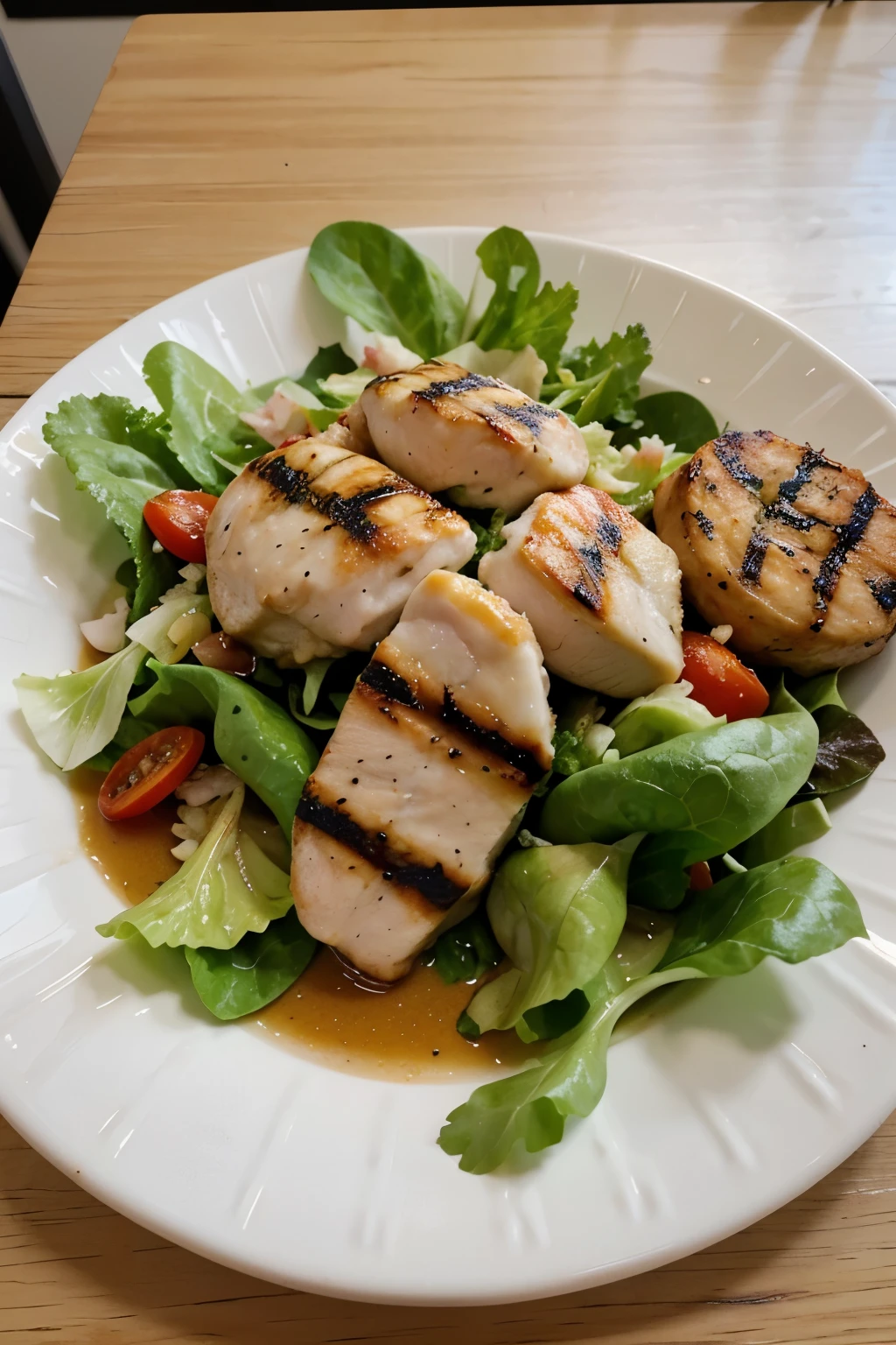 ((image of a plate with grilled chicken and just three lettuce leaves)), r((realista)), ((melhor qualidade))