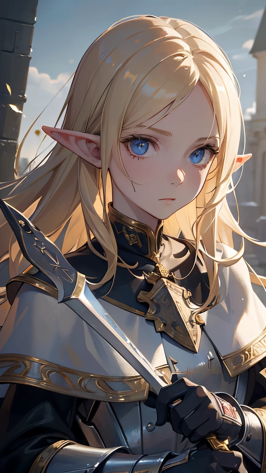 ((best quality)), ((masterpiece)), (detailed), perfect face, perfect detailed eyes, perfect detailed face, ultra-detailed nose, blonde hair, messy hair, hair over eyes, medium hair, pale skin, forehead mark, pointy ears, cinematic lighting, chiaroscuro, elf, Female Knight, Elf Hero, (Wearing iron armor, Hold a dagger in right hand), cowboy shot