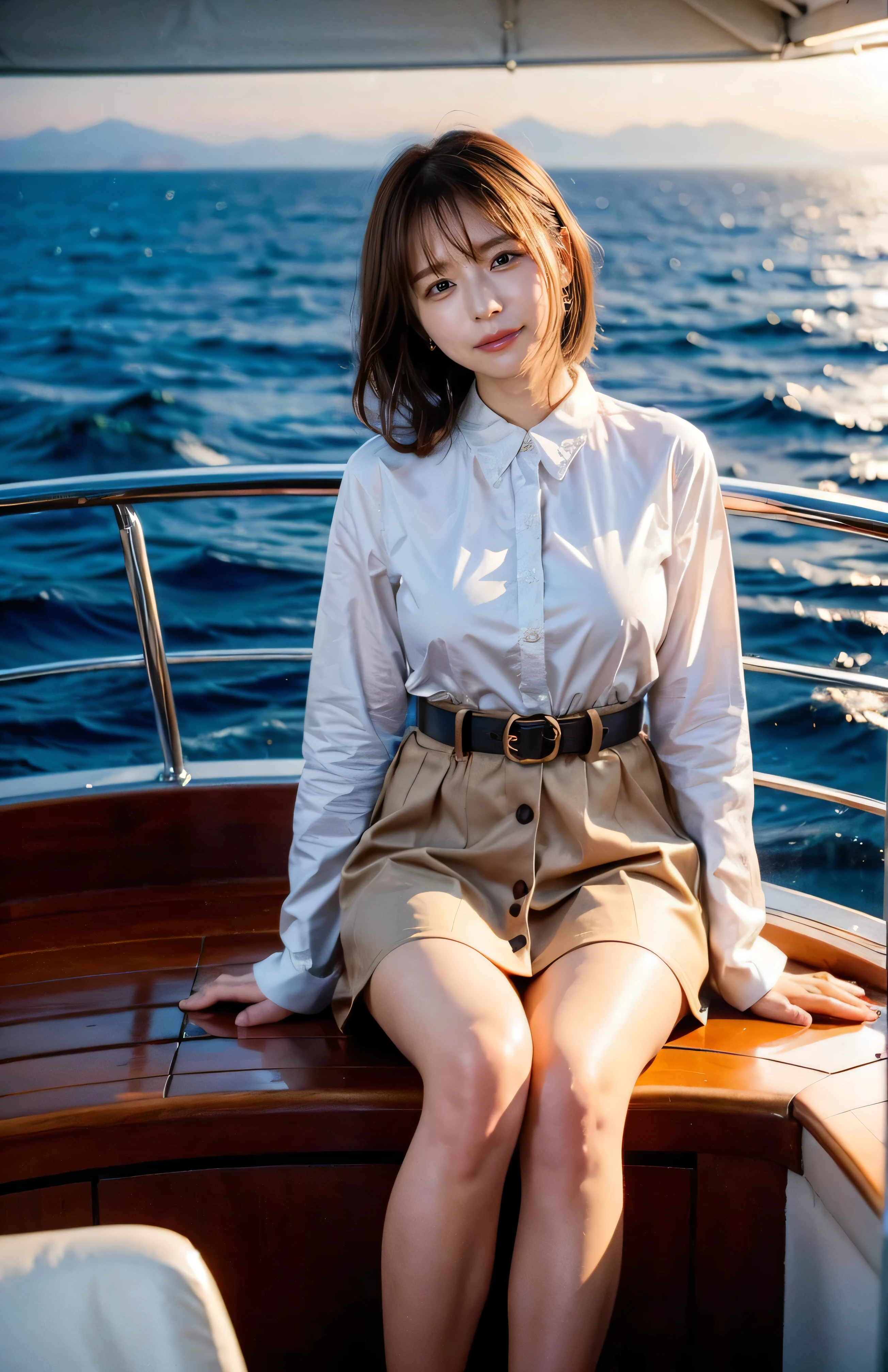 The sky turns red、Woman standing on a boat、Light brown hair、Elegant hairstyle、Blue Eyed Woman、A woman with a cute upward gaze、When the sky gets dark、The gentle lights of the ship shine、The sky turns red as the sun sets、Tight clothing that shows your body lines、、A classy white blouse or white collared shirt、The first button of her blouse is lewdly open、Genuine Leather Belt、革のShort skirt、Dress elegantly着こなす、Luxury Bags、、（（Medium Short Hair:1.4））、Skyscrapers seen across the sea、Manhattan 私sland is visible offshore、Woman on a sightseeing boat、、The sun shines on her、Light brown hair、Light brown hair、The sky was dyed red、There are clouds、私t's cute、An elegantly dressed woman is sitting on a boat and watching the sunset、Her ample breasts are obvious even through her clothes..、The shining sun is so beautiful、Dusk is approaching、Lens flare、私 can see the sun setting、（（Sunlight reflecting off the ocean、Ocean View、The sun shines on the ocean、&#39;beautiful.、Small earrings、私t&#39;evening、Birds are also flying、、Brown Hair Color、Tying up hair、The woman is on the right:1.4））、Luxury Leather Belts、Shiny clothes、Light beige hair color、Background Blur、Braid only the front hair、Light brown hair、｛｛Cowgirl Shot｝｝、（（Close-up shot from the waist up、Ample breasts:1.4））、Smile、Silk clothing、Ample breasts that can be seen even through clothes、Braid only the front hair、Cowboy Shot、Gorgeous white collared silk shirt and brown skirt、Dress elegantly、Luxury Bags、A lovely smile、（（Ample breasts））、Full body photo、ring、Short skirt、Tuck your hair behind one ear、Silver Necklace、smile、 Elegant ponytail、Caustics、Highly detailed photos、Very beautiful and ideal short hair、Super no makeup、(8k、RAW Photos、highest quality、masterpiece:1.2)、(Realistic、Realistic)、1 girl、((Medium Short Hair、Looking into the camera:1.4))、Hair blowing in the wind
