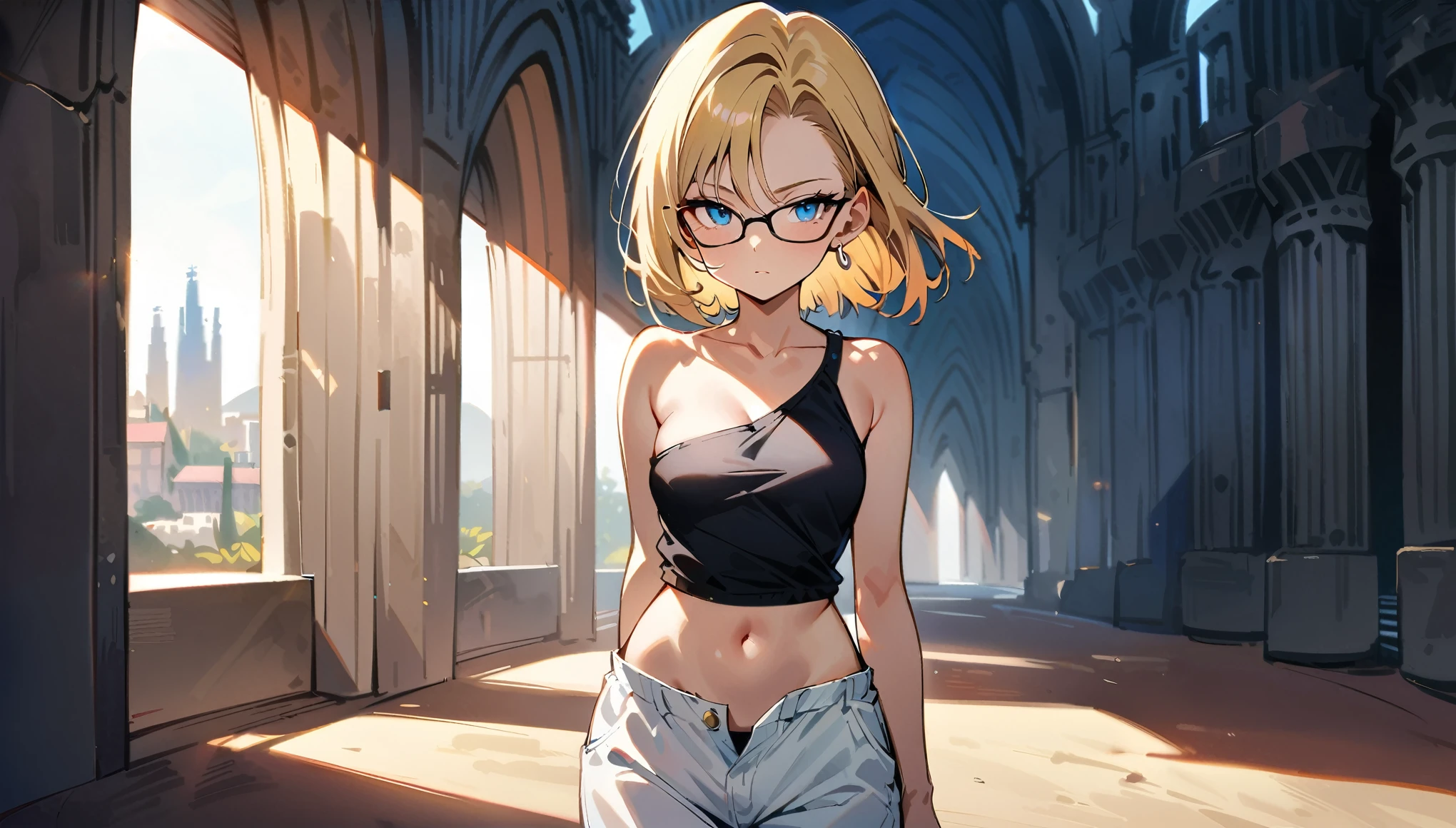 (masterpiece, best quality:1.2), cowboy shot, solo, Android 18 from Dragon Ball, collarbone, cleavage, ((slip-on one-shoulder crop top)), (light gray top:1.2), no jacket, midriff-baring, navel, ((white baggy pants with one button undone)), skimpy thong swimsuit, small breasts, short blonde hair loose, ((blue eyes)), ((wearing glasses)), earrings on earlobes, slender feminine figure, narrow waistline, skinny body, (plane black cap), (cap without logo), beach sandals, sunlight, walking, looking at viewer, light blush, arms behind back, Sagrada Familia, natural lighting and shadows, blur background, 4K