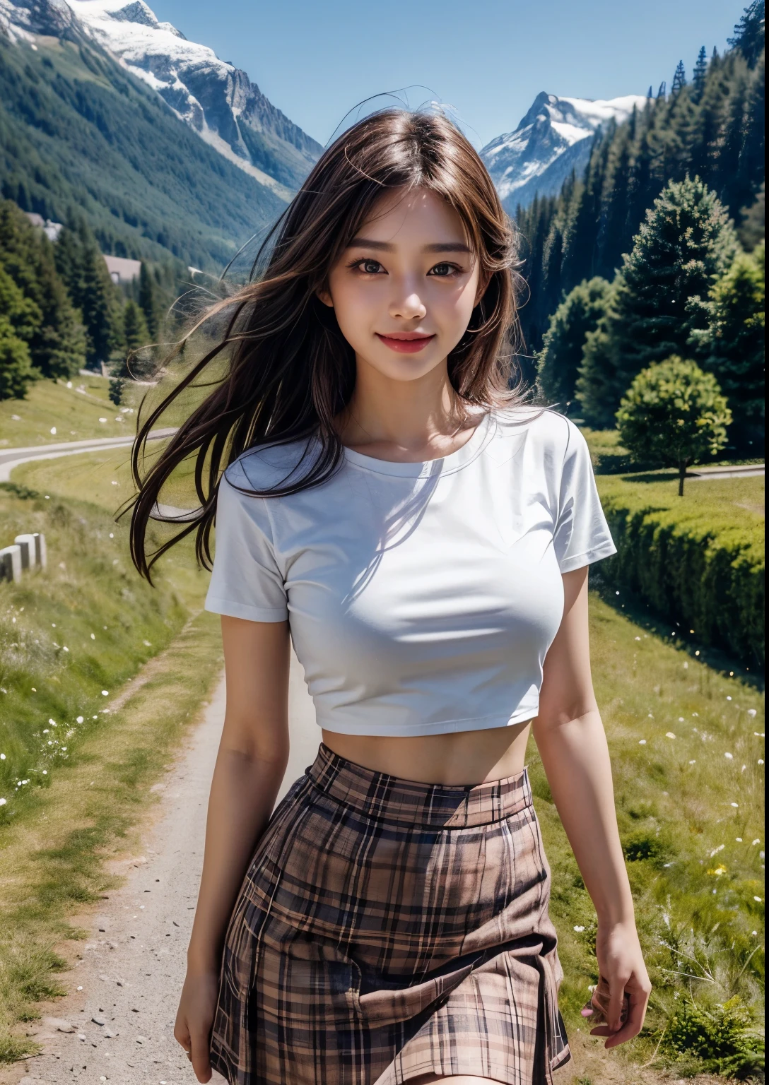 a beautiful Korean girl, 1girl, 20 years girl, long hair, blue eyes, cute expression, walking in an Swiss Alps valley, beautiful houses and roads in background, golden sunlight, detailed face, elegant pose, beautiful scenery, vibrant colors, cinematic lighting, photorealistic, extremely detailed, 8k, (best quality,4k,8k,highres,masterpiece:1.2),ultra-detailed,(realistic,photorealistic,photo-realistic:1.37),  beautiful face, realistic face, realistic skin, realistic smile, realistic atmosphere, every thing is realistic, cutest smile, realistic body, realistic body language, mouth watering beauty, standing, upper body shot, cute face, stylish look, stylish angles, dark pink checks t-shirt with above knee length soft thin fabric tight skirt, navel, tempting eyes