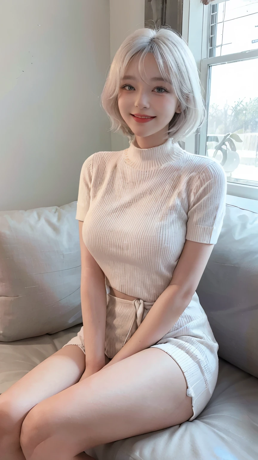 Best image quality、Raw photo、超A high resolution、21 year old Korean、、Dynamic Angle、Cowboy Shot、Chaos in its most beautiful form、elegant、Brutalist Design、Beautiful white hair、Vibrant colors、Short Bob、smile、fun、smile、Glowing White Skin、Beautiful eyes with random colors、Very thin lips、Beautiful eyes in every detail、Long, narrow eyes、Pale pink blush、Long eyelashes、Beautiful double eyelids、eye shadow、Bright white hair、sofa、large summer sweater、Short sleeves、sitting cross-legged、Full body shot、Full body shotする