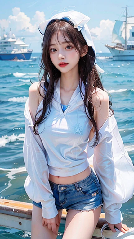 In the clear blue sea、Wearing a white hoodie fluttering in the wind、A woman in shorts、Standing on the waves。her hair is long、Bright white、Swaying in the waves。Red Eyes,Wet clothes、Not worn、Not worn、Focus on your nipples