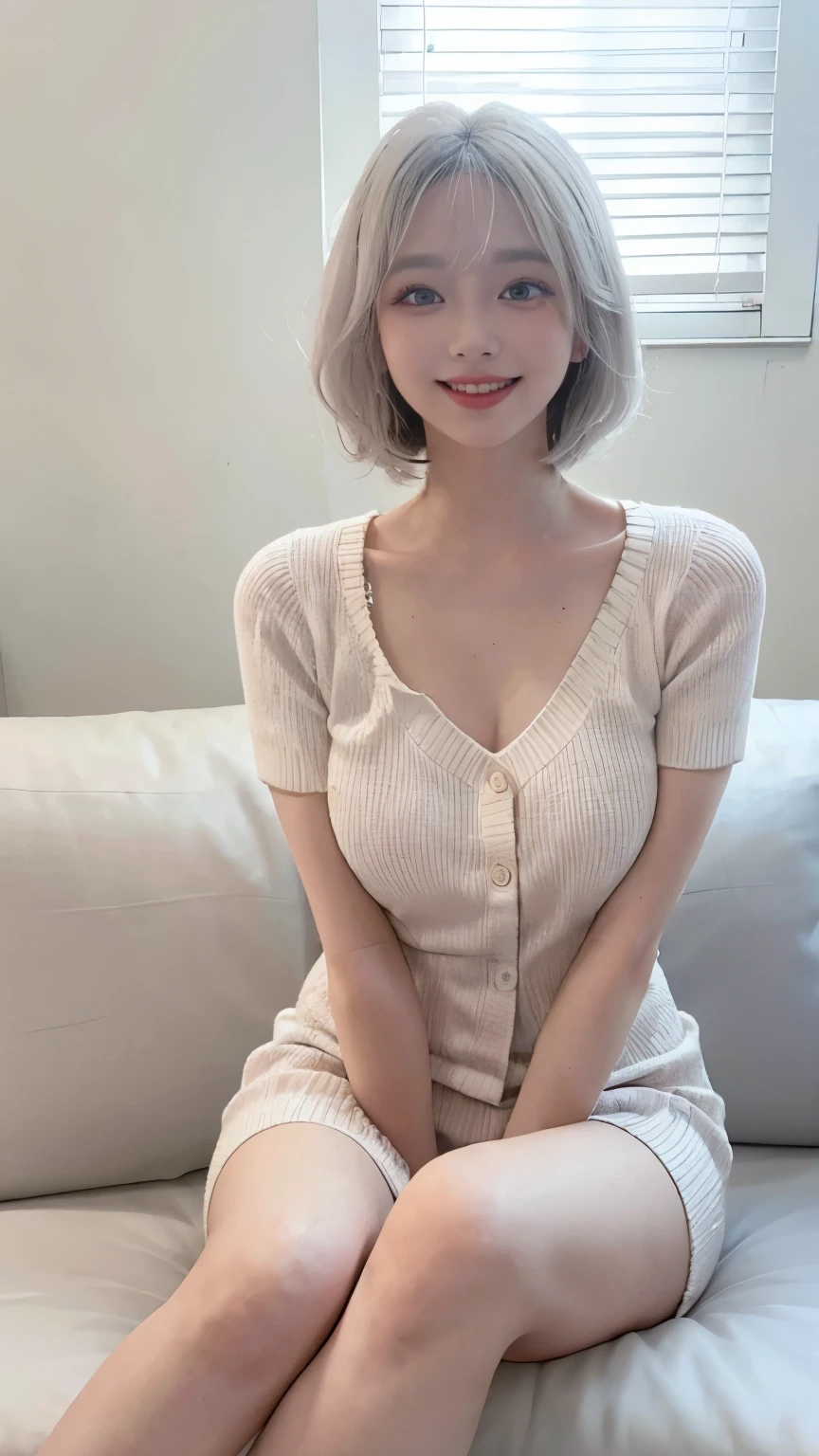 Best image quality、Raw photo、超A high resolution、21 year old Korean、、Dynamic Angle、Cowboy Shot、Chaos in its most beautiful form、elegant、Brutalist Design、Beautiful white hair、Vibrant colors、Short Bob、smile、fun、smile、Glowing White Skin、Beautiful eyes with random colors、Very thin lips、Beautiful eyes in every detail、Long, narrow eyes、Pale pink blush、Long eyelashes、Beautiful double eyelids、eye shadow、Bright white hair、sofa、large summer sweater、Short sleeves、sitting cross-legged、Full body shot、Full body shotする