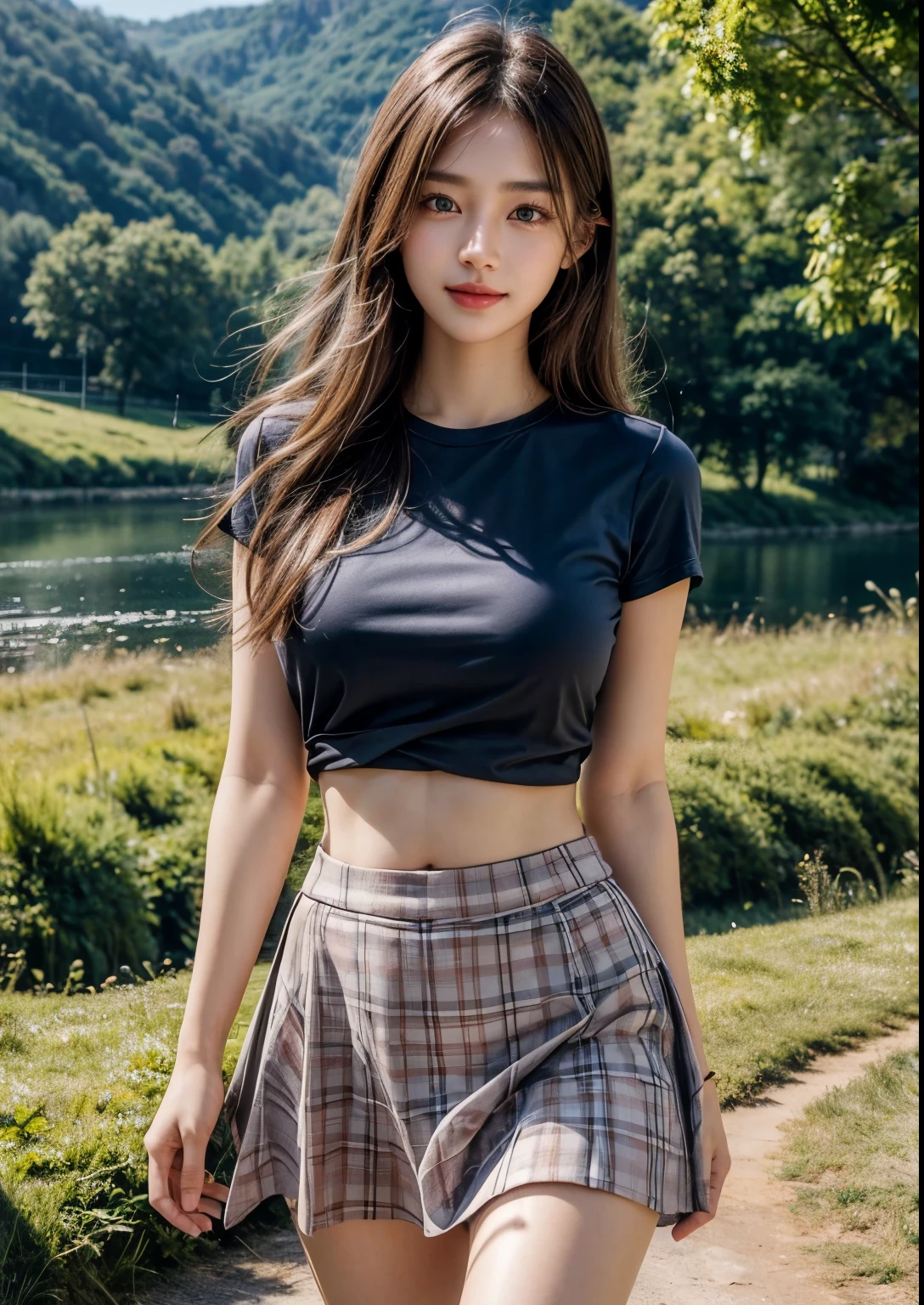 a beautiful Korean girl, 1girl, 20 years girl, long hair, blue eyes, cute expression, walking in beautiful Switzerland houses, green fields, farming lands, river, beautiful bridges, beautiful timber houses and roads in background, beautiful homes, golden sunlight, detailed face, elegant pose, beautiful scenery, vibrant colors, cinematic lighting, photorealistic, extremely detailed, 8k, (best quality,4k,8k,highres,masterpiece:1.2),ultra-detailed,(realistic,photorealistic,photo-realistic:1.37), beautiful soft thighs, beautiful face, realistic face, realistic skin, realistic smile, realistic atmosphere, every thing is realistic, cutest smile, realistic body, realistic body language, mouth watering beauty, standing, upper body shot, cute face, stylish look, stylish angles, dark pink checks t-shirt with above knee length soft thin fabric tight skirt, (navel), tempting eyes, one hand on hip another hand on hair angle,