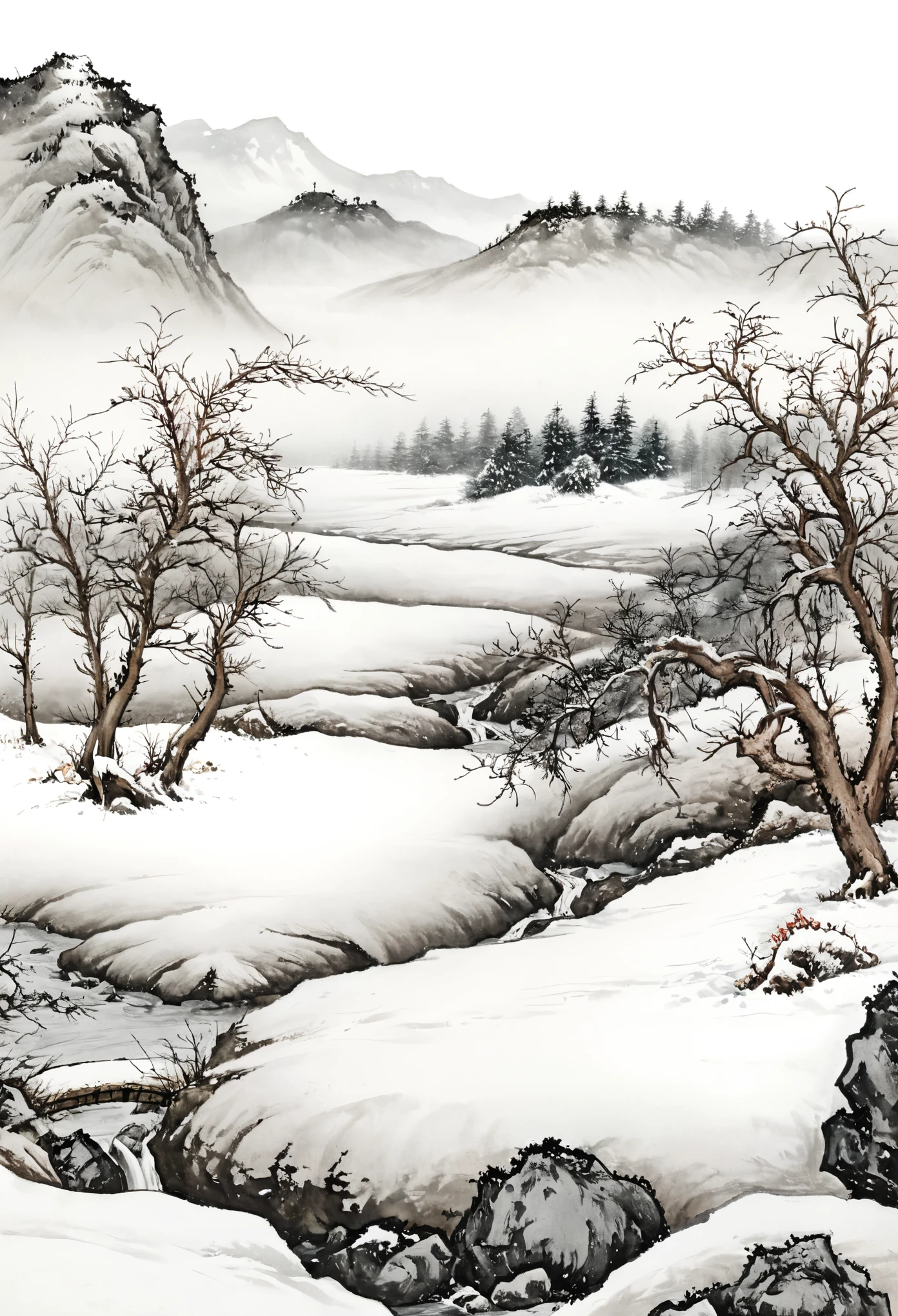 Hyperrealistic art Chinese Painting,ink water,landscape,snow,white background, . Extremely high-resolution details, photographic, realism pushed to extreme, fine texture, incredibly lifelike