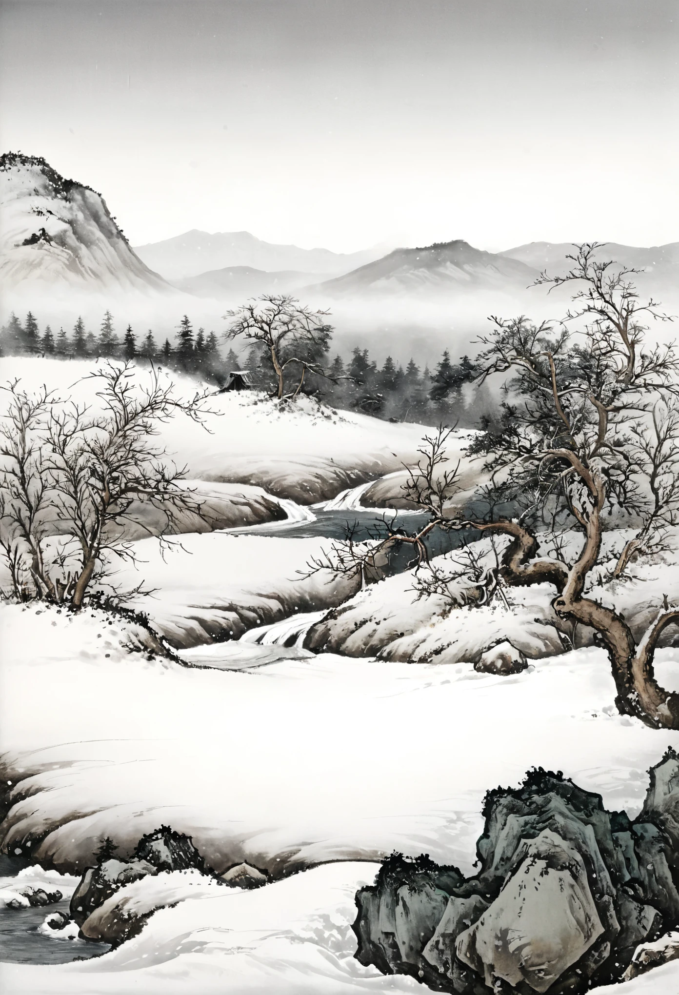 Hyperrealistic art Chinese Painting,ink water,landscape,snow,white background, . Extremely high-resolution details, photographic, realism pushed to extreme, fine texture, incredibly lifelike