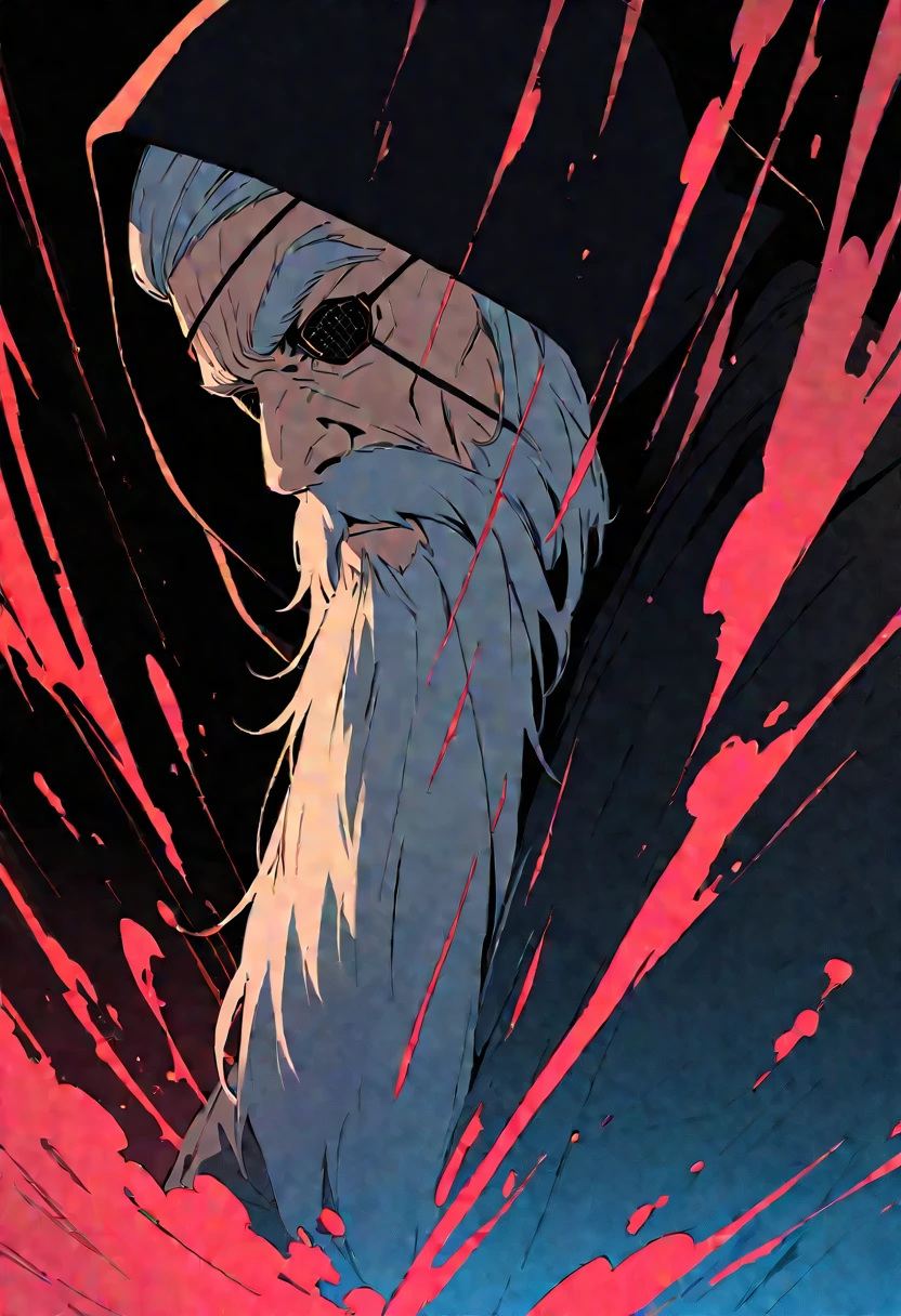 flat color,(masterpiece, best quality,ultra-detailed:1.2) ,An old man,((right eyepatch)),red right eye,Wearing black hood and robes,Grey Mustache and Long Beard,Dark Hall,cloud effects,dynamic angle,beautiful lighting, photographic portrait, sharp,