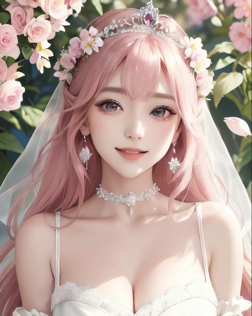 Super detailed、highest quality、masterpiece、
vivid、beautiful girl、Wide double eyelids、Big eyes、Japanese、Sepia eyes、Long Hair、Pink Hair、Flower Field、Daytime、bright、vivid、Princess、princess、goddess、clear、bride、Wedding dress、race、((organdy))、choker、Earrings、tiara、Natural smile