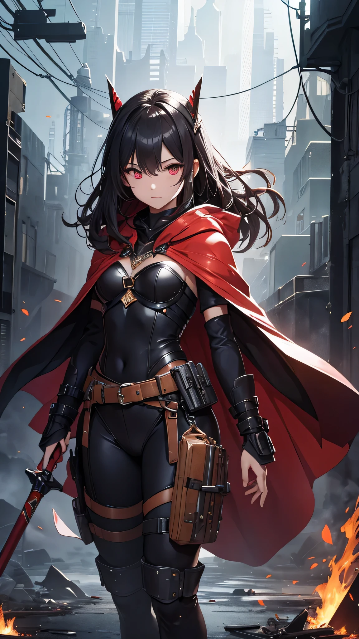 Highest quality、Highest quality、Masterpiece、girl((Metal body,Age 25、as soon as、Highest Bust、Medium Bust、Wide open chest、Red glowing eyes、Black Ear、Red Mesh、Disheveled Hair、Loincloth、thin、The best valley、Open chest、Red Cape、hair ornaments、Full body view、gas mask、Black hoodie、Black trousers、Holding a spear knife))、high quality、Beautiful Art、background((fog、cigarette、smoke、Red smoke、military base、Cigarette curtain、Explosive Flame))、flight、Flying Debris、Depth of text、movie、Visual Arts、Perfect Art、8K、Genuine、Special Angles