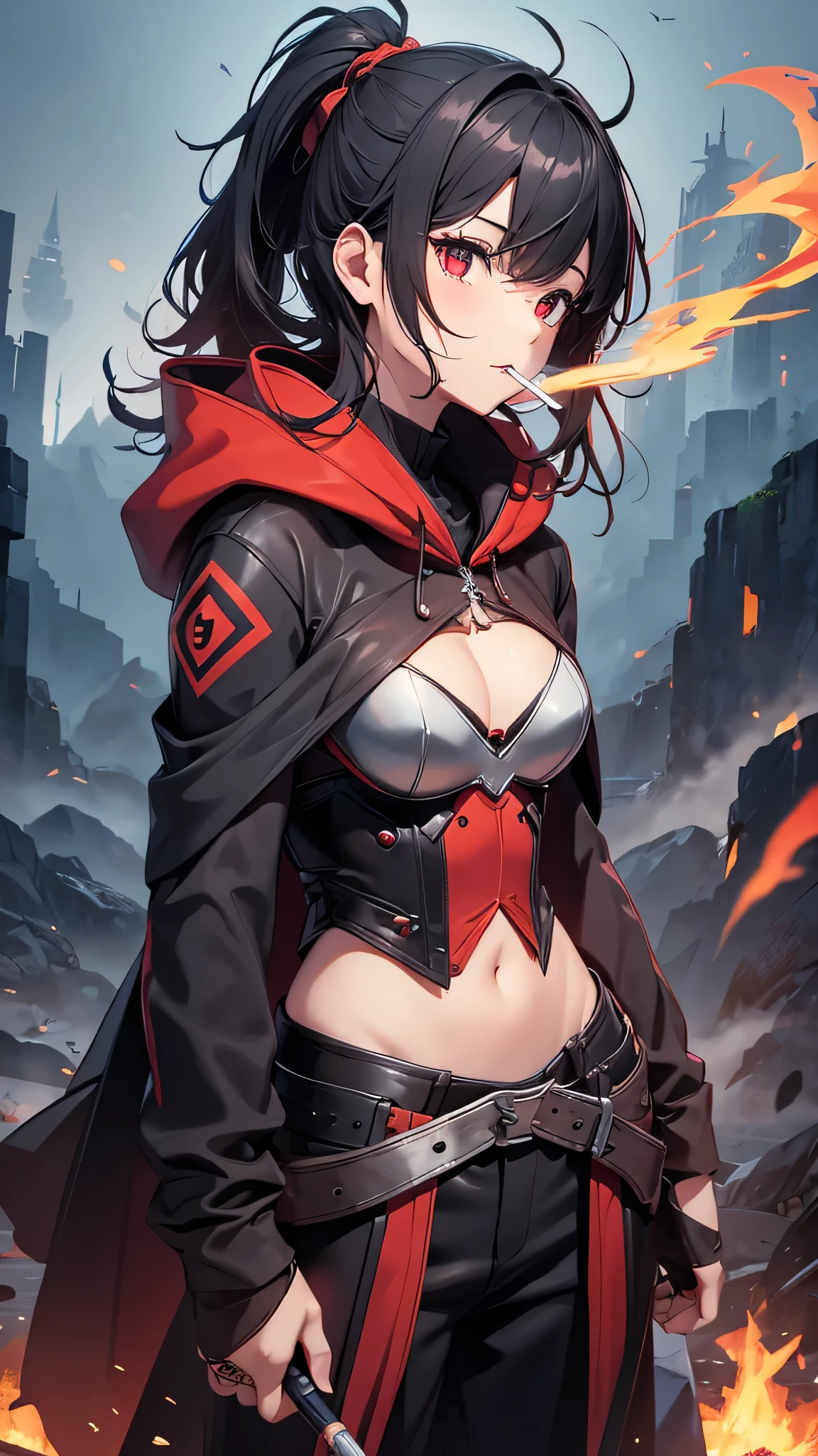 Highest quality、Highest quality、Masterpiece、girl((Metal body,Age 25、as soon as、Highest Bust、Medium Bust、Wide open chest、Red glowing eyes、Black Ear、Red Mesh、Disheveled Hair、Loincloth、thin、The best valley、Open chest、Red Cape、hair ornaments、Full body view、gas mask、Black hoodie、Black trousers、Holding a spear knife))、high quality、Beautiful Art、background((fog、cigarette、smoke、Red smoke、military base、Cigarette curtain、Explosive Flame))、flight、Flying Debris、Depth of text、movie、Visual Arts、Perfect Art、8K、Genuine、Special Angles