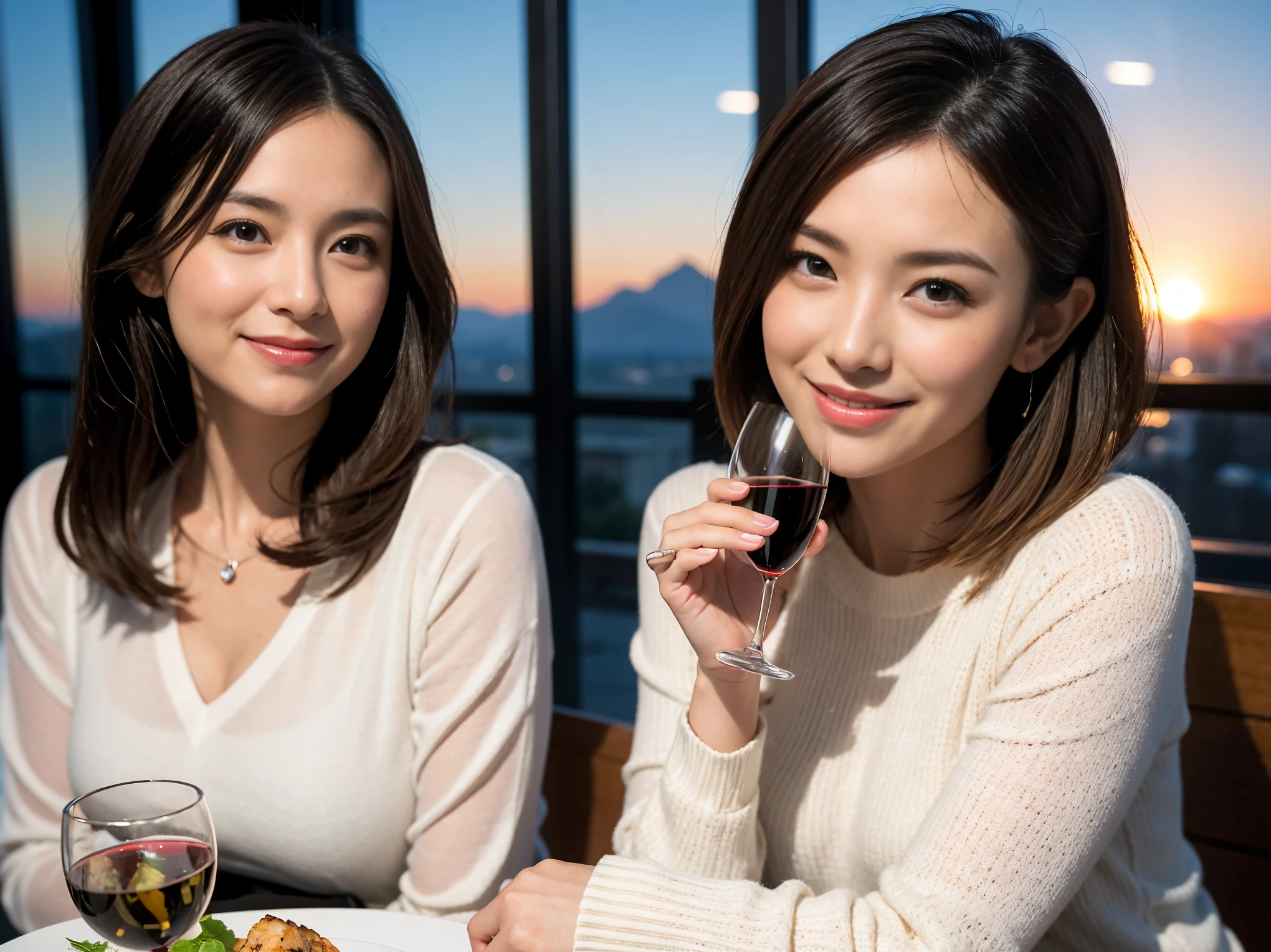 ((highest quality、8k、masterpiece:1.3))、1 male、1 female、石原さとみ似美女Couple、Spouse、Couple、The body is slim、((Bob Hale、Straight hair:1.2)), (Realistic, Intricate details:1.2), テーブルの上のwine glass、Shine light on your face、 Amazing view of the sunset sky and clouds、Amazing mountain views、A bright smile、The wonderfulness of smile、Bright image、The beauty of wine, Beautiful Face, blue eyes, The light shines on your face, Blushing, short hair,Bright Face、 (Age 37), 41 years old, red wine 、Appetizers、Italian food、Wine bottle、Champagne、sparkling wine、Two beauties、Brown Hair、Shortcuts、Long sleeve shirt、dress、Pretty Woman 1, (slimな顔), (The body is slim), (Brown Hair), (Shortcuts), cheeks turn a little red,Attractive beauty、restaurant, In a prominent place (From the waist up) Nova Frog Style, actress, model, Upper Body, White wine, slim, wine glass, 中央に置かれたwine glass, smile, (smile: 1.15), Beautiful fine grain, Depth f/2,saturation, High Contrast, Strong light and shadow,Moist Body:1.5、3D texture、Delicate eyes、Brown Hair、The hair is very shiny、