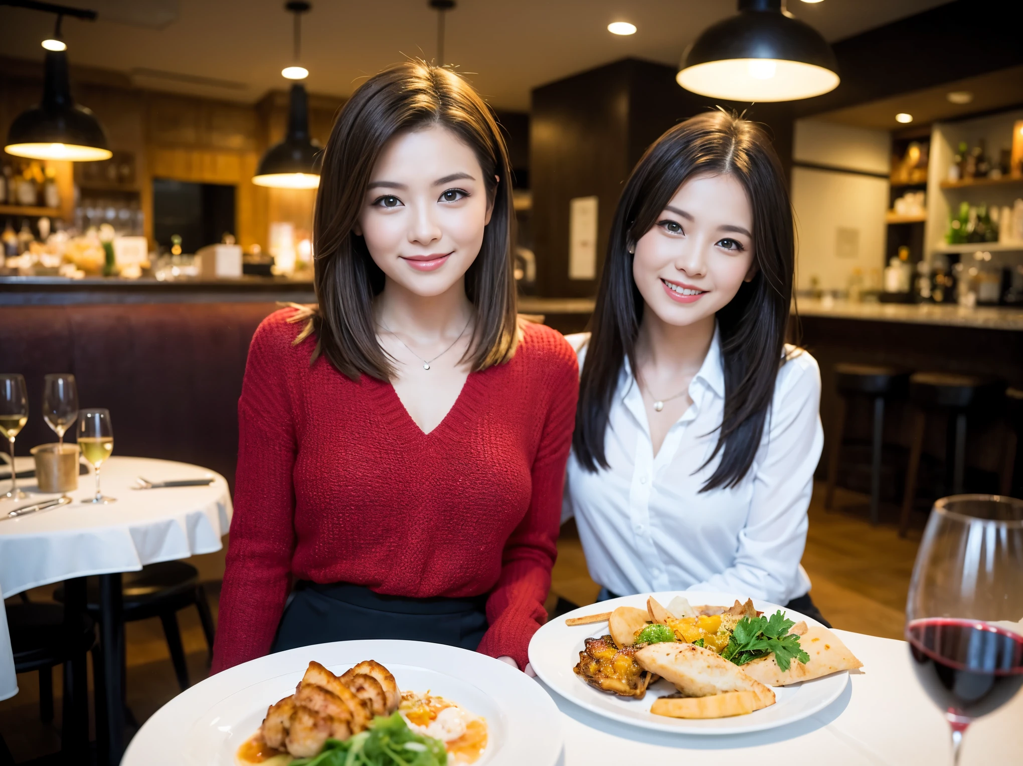 ((highest quality、8k、masterpiece:1.3))、1 male、1 female、石原さとみ似美女Couple、Spouse、Couple、The body is slim、((Bob Hale、Straight hair:1.2)), (Realistic, Intricate details:1.2), テーブルの上のwine glass、Shine light on your face、 Amazing view of the sunset sky and clouds、Amazing mountain views、A bright smile、The wonderfulness of smile、Bright image、The beauty of wine, Beautiful Face, blue eyes, The light shines on your face, Blushing, short hair,Bright Face、 (Age 37), 41 years old, red wine 、Appetizers、Italian food、Wine bottle、Champagne、sparkling wine、Two beauties、Brown Hair、Shortcuts、Long sleeve shirt、dress、Pretty Woman 1, (slimな顔), (The body is slim), (Brown Hair), (Shortcuts), cheeks turn a little red,Attractive beauty、restaurant, In a prominent place (From the waist up) Nova Frog Style, actress, model, Upper Body, White wine, slim, wine glass, 中央に置かれたwine glass, smile, (smile: 1.15), Beautiful fine grain, Depth f/2,saturation, High Contrast, Strong light and shadow,Moist Body:1.5、3D texture、Delicate eyes、Brown Hair、The hair is very shiny、