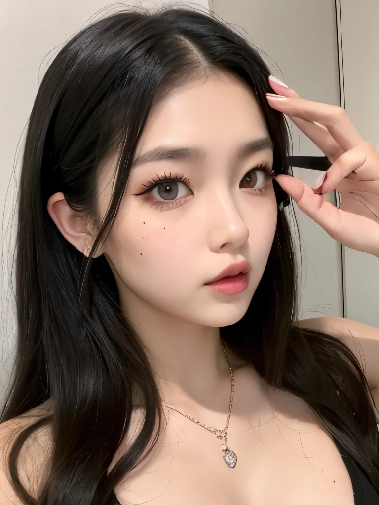 Kim Jennie with thick black hair naked, Put curlers on the ends of your thick black hair, With star clips in her dark black hair, Light-colored eyes, Cute eyes, Beautiful upturned nose, Beautiful lips, Pink Lips, Heart and Cupid shaped lips, Beautiful Skin, White skin, Moles and freckles on the face, A soft pink blush on the cheeks, Natural pink blush, Dark gothic makeup, Gothic Jenny, Nice neck, prominent clavicle, Angry expression, Necklace included, lovely kiss necklace, She's wearing a pink corset.、, Pretty pink corset, She is wearing a pink corset, Showing her bare breasts, She has two pink paper hearts on her nipples, Her nipples have pink paper hearts on them (Large Breasts, Soft Breasts, Beautiful breasts, Natural breasts looking at camera, Auto Photo Information