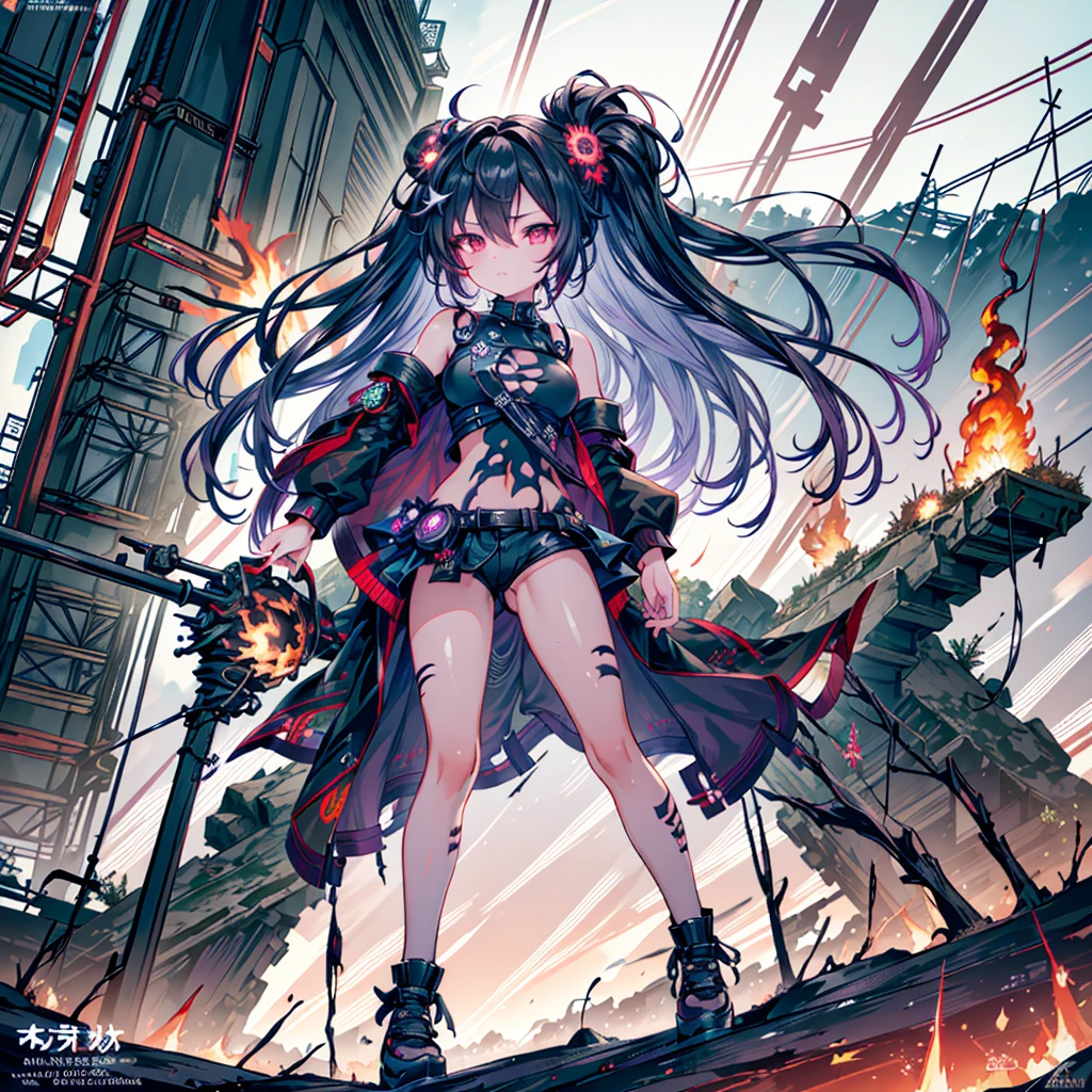 (masterpiece, highest quality), (Perfect athletic body:1.2), (Fine hair), Super detailed, Anime Style, whole body, Cyberpunk Egg Runner Girl, Scorched black mechanical limbs, ((black purple flame fist)), Sea green two top knot hairstyle with red eyes, Wearing a rage cape and cyberpunk outfit. Standing on burnt ground, 8K High Resolution, White Background, whole body, Overall view,