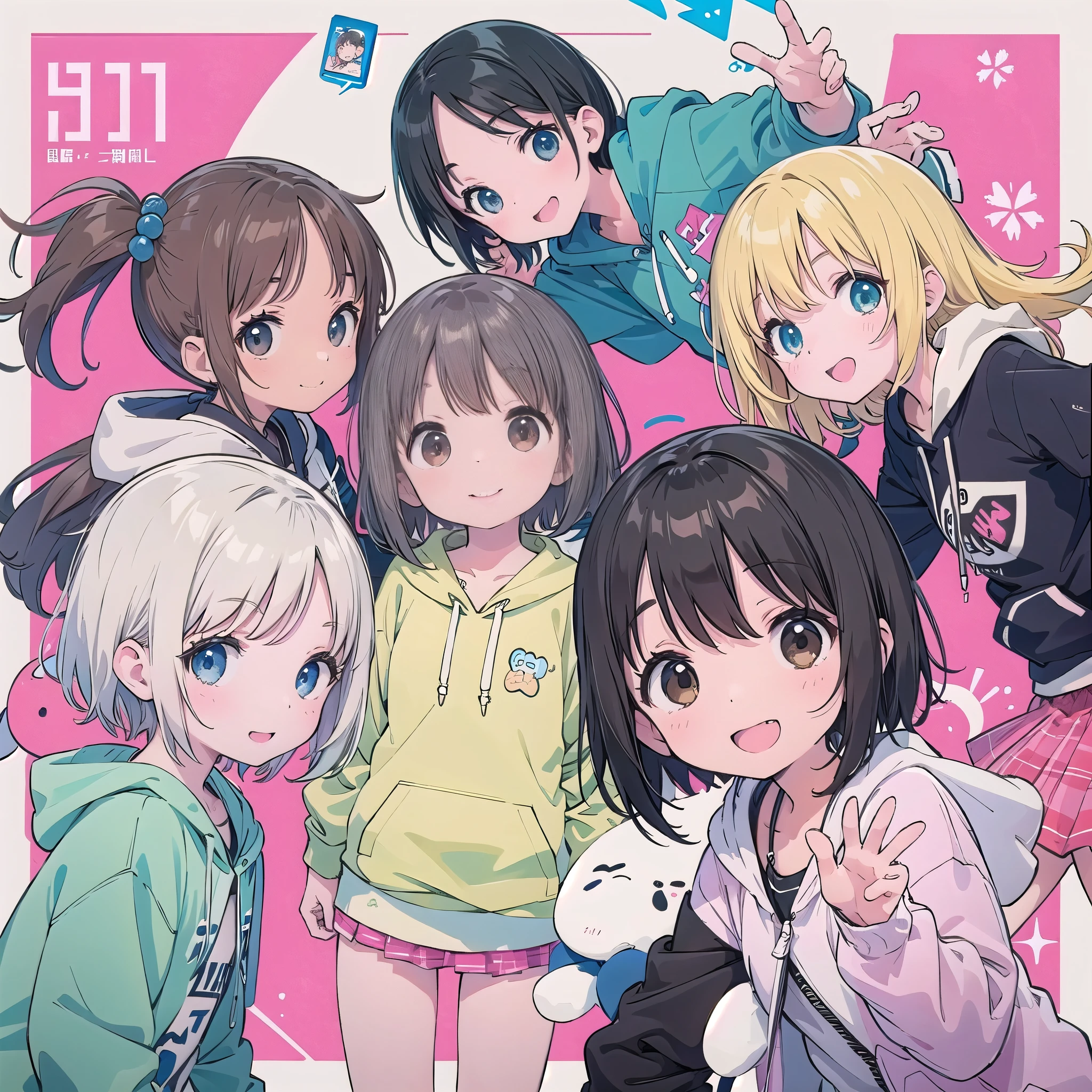 8-year-old、pretty girl、hoodie、A happy smile、beautiful Background, Four Girls、Naked under a hoodie、Low angle camera