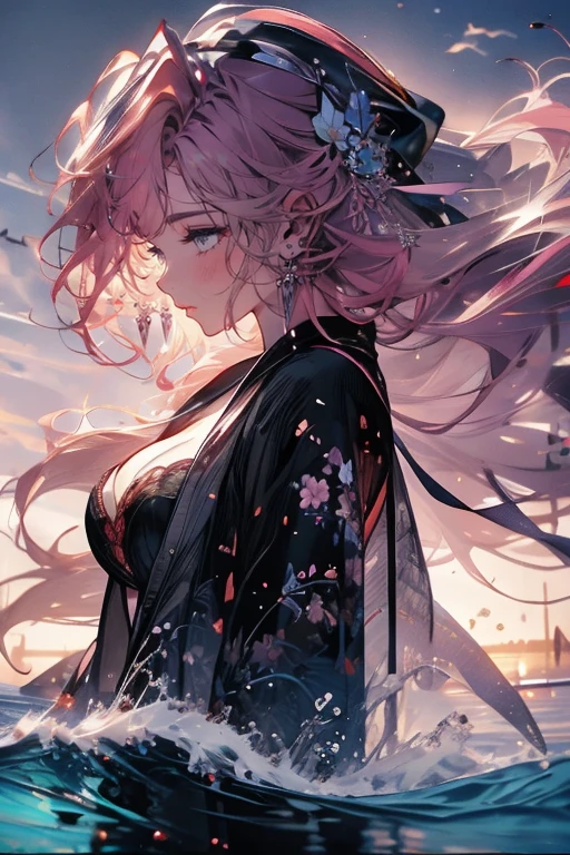 1lady,solo,cool,cleavage,pink hair,sword,knight