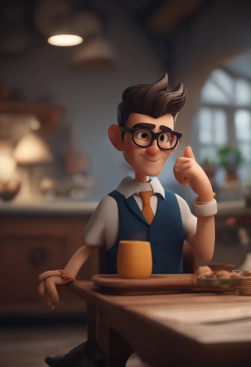 Personnage de dessin animé d'un homme à lunettes noires et chemise bleue, An animated character, stylized character, rendu du style d'animation, stylized in 3D, Rendu Arnold Maya, stylized 3d render, toon, rendu, capture d'screen, Personnage 3D, Personnage 3D, stylized 3d render, Rendu de personnages 3D, personnage de dessin animé, Caractère gros plan, Pose du personnage,  (Style Pixar) (Master piece:1.2) (Bokeh) (Best quality) (detailed skin) (Detailed texture) (8k) (argile) (Cinematic lighting) (Sharpness