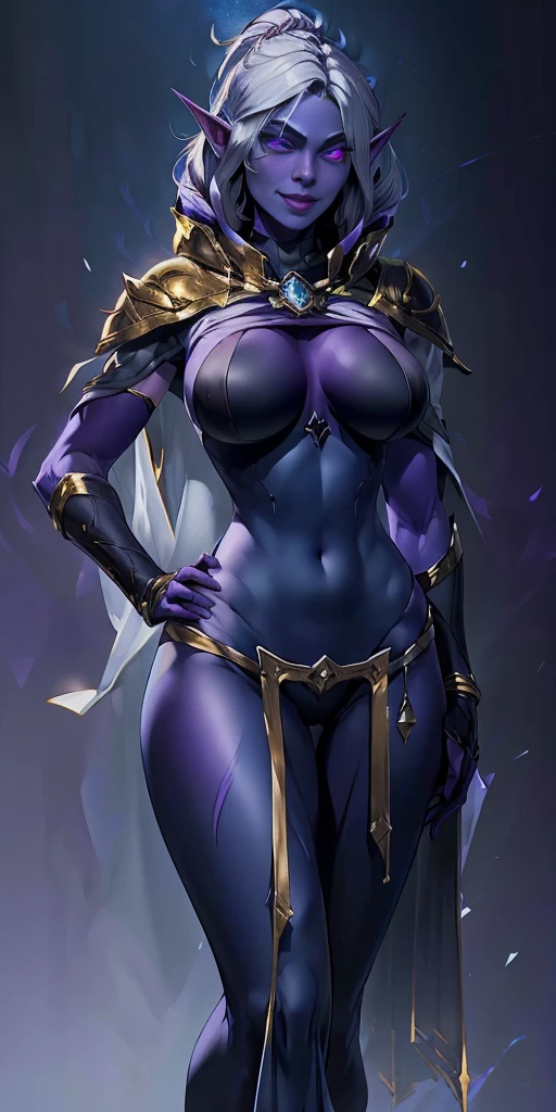 (Female drow elf chest covered very purple skin)(smile) pale golden hair and violet eyes. clothing white and silver with cloaks of deep blue or purple, huge knockers ((very precise detailed)) ((high res) Golden bracers (plain background) (perfect body and face) hands on hips