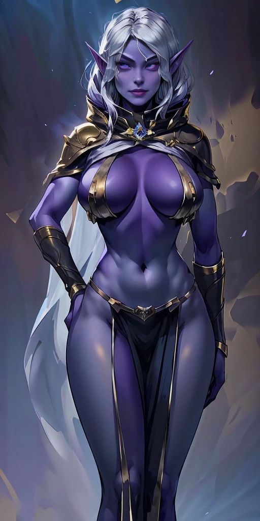 (Female drow elf chest covered very purple skin)(smile) pale golden hair and violet eyes. clothing white and silver with cloaks of deep blue or purple, huge knockers ((very precise detailed)) ((high res) Golden bracers (plain background) (perfect body and face) hands on hips