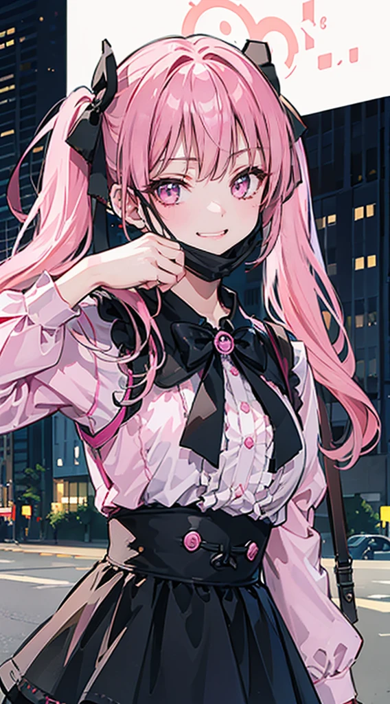 (8K、Top image quality、top-quality、​masterpiece)、A detailed face、1 girl in、A pink-haired、((twintails))、Pink eyes、earrings、evil smile、smirk grin、mask_pull、Moderately breasts、((pink clothing))、frilld、a black ribbon、Black miniskirt、frilld、jirai kei attire、cowboy  shot、Downtown background at night