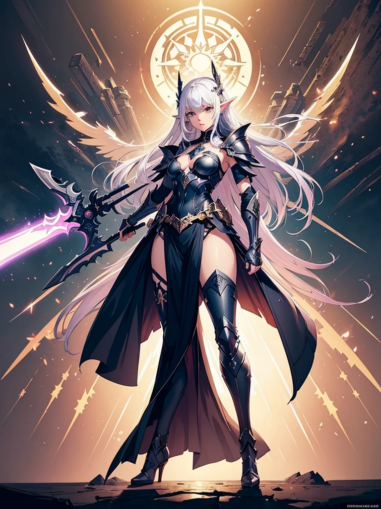 (((masterpiece, best quality, high detailed, 4k))) Design a layout showcase Gaming character, (1girl). Purple|Black clothes, stylish and unique. ((showcase weapon:1.4)), holy majestic spear. (masterpiece:1.2), (best quality), ultra-detailed. (Step by step design, layout art:1.5), (luminous lighting, atmospheric lighting). arcane elf, ((glove full hands)), (((revealing clothes:1.3))), vambraces, armored legwear, (((full_body_shot:1.4))). {In a mystical library}. Zentangle, mandala, tangle, entangle, fractal art:1.3, maxiskit, dress conservatively, (elf:1.2), solo, full body, wide shoot, standing with white boots, holding sword down, blunt bangs, hair between eye, white hair, golden eyes, long hair, elf ears, Valkyrie white armor, angel, chest protector, side bang, from front, extra size body, night, mountain, look at viewer, dynamic pose, art style by Artgerm, by Kawacy, by Wadim Kashin, BREAK, eyelashes, eyeshadow, pink eyeshadow.





