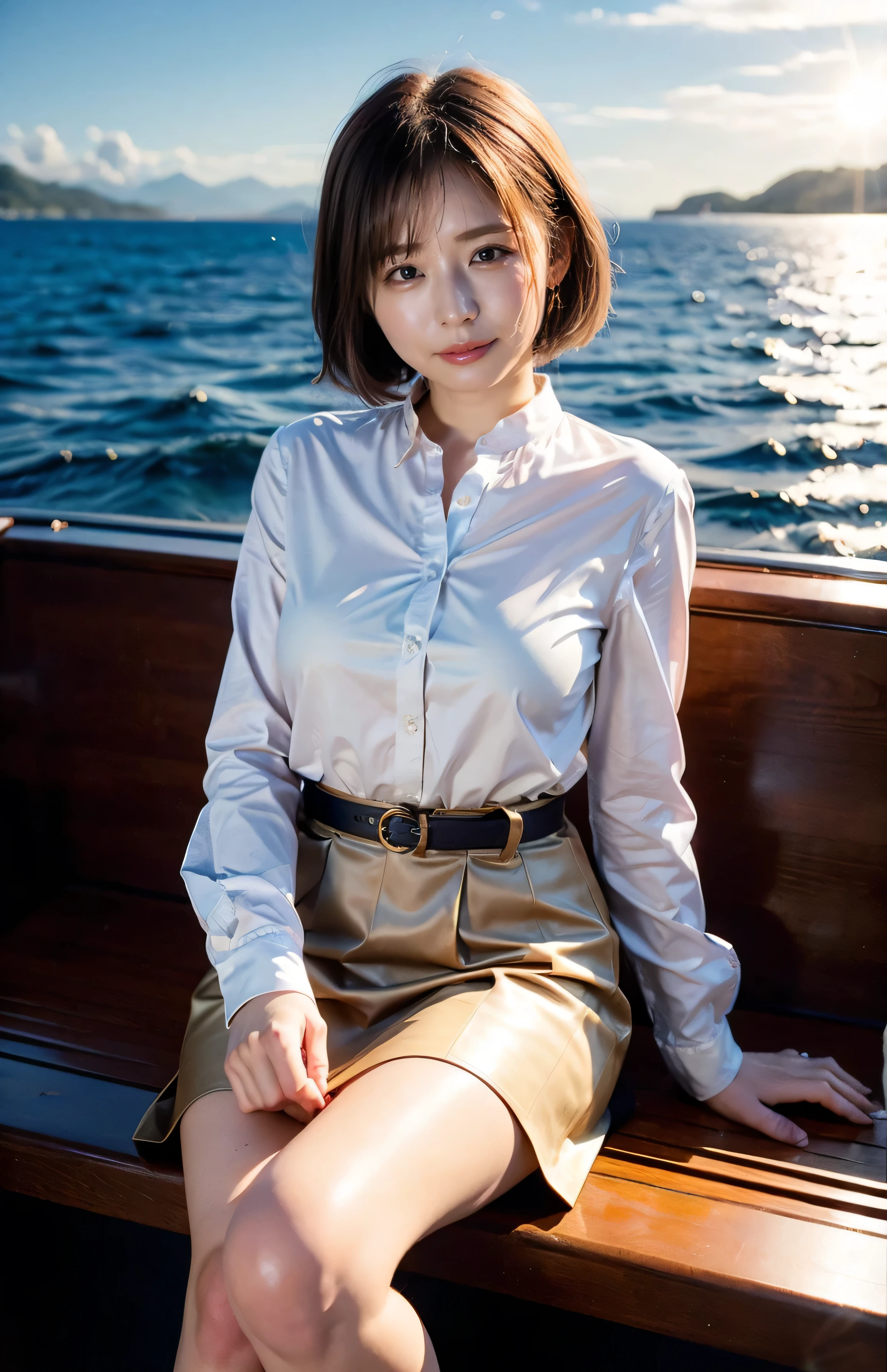 The sky turns red、Woman standing on a boat、Light brown hair、Elegant hairstyle、Blue Eyed Woman、A woman with a cute upward gaze、When the sky gets dark、The gentle lights of the ship shine、The sky turns red as the sun sets、Tight clothing that shows your body lines、、A classy white blouse or white collared shirt、The first button of her blouse is lewdly open、Genuine Leather Belt、革のShort skirt、Dress elegantly着こなす、Luxury Bags、、((Medium Short Hair:1.4))、Skyscrapers seen across the sea、Manhattan 私sland is visible offshore、Woman on a sightseeing boat、、The sun shines on her、Light brown hair、Light brown hair、The sky was dyed red、There are clouds、私t's cute、An elegantly dressed woman is sitting on a boat and watching the sunset、Her ample breasts are obvious even through her clothes..、The shining sun is so beautiful、Dusk is approaching、Lens flare、私 can see the sun setting、((Sunlight reflecting off the ocean、Ocean View、The sun shines on the ocean、'beautiful.、Small earrings、私t'evening、Birds are also flying、、Brown Hair Color、Tying up hair、The woman is on the right:1.4))、Luxury Leather Belts、Shiny clothes、Light beige hair color、Background Blur、Braid only the front hair、Light brown hair、{{Cowgirl Shot}}、((Close-up shot from the waist up、Ample breasts:1.4))、Smile、Silk clothing、Ample breasts that can be seen even through clothes、Braid only the front hair、Cowboy Shot、Gorgeous white collared silk shirt and brown skirt、Dress elegantly、Luxury Bags、A lovely smile、((Ample breasts))、Full body photo、ring、Short skirt、Tuck your hair behind one ear、Silver Necklace、smile、 Elegant ponytail、Caustics、Highly detailed photos、Very beautiful and ideal short hair、Super no makeup、(8k、RAW Photos、highest quality、masterpiece:1.2)、(Realistic、Realistic)、1 girl、((Medium Short Hair、Looking into the camera:1.4))、Hair blowing in the wind