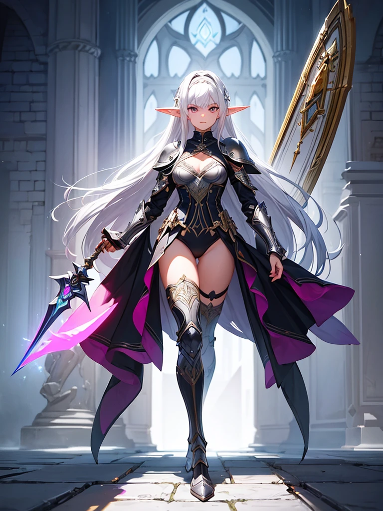 (((masterpiece, best quality, high detailed, 4k))) Design a layout showcase Gaming character, (1girl). Purple|Black clothes, stylish and unique. ((showcase weapon:1.4)), holy majestic spear. (masterpiece:1.2), (best quality), ultra-detailed. (Step by step design, layout art:1.5), (luminous lighting, atmospheric lighting). arcane elf, ((glove full hands)), (((revealing clothes:1.3))), vambraces, armored legwear, (((full_body_shot:1.4))). {In a mystical library}. Zentangle, mandala, tangle, entangle, fractal art:1.3, maxiskit, dress conservatively, (elf:1.2), solo, full body, wide shoot, standing with white boots, holding sword down, blunt bangs, hair ween eye, white hair, golden eyes, long hair, elf ears, Valkyrie white armor, angel, chest protector, side bang, from front, extra size body, night, mountain, look at viewer, dynamic pose, art style by Artgerm, by Kawacy, by Wadim Kashin, BREAK, eyelashes, eyeshadow, pink eyeshadow.