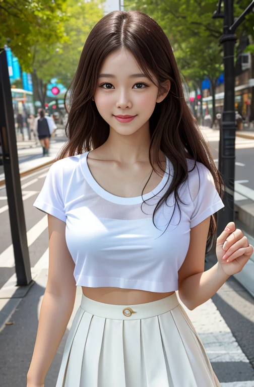 Best quality, masterpiece, 1 Girl, Beautiful face, (Photo-realistic:1.3), Edge lighting, (High Detail Skin:1.2), 8K, Ultra high quality, Digital SLR Camera, high quality, high resolution, 4k, 8K, Bokeh, absurd, The best ratio of four fingers and one thumb, (realistically:1.3), Cute 1girl, Wearing a white T-shirt, Medium breasts, White skirt,smile pure sunshine,,Wet clothes、Not worn、Not worn、Focus on your nipples