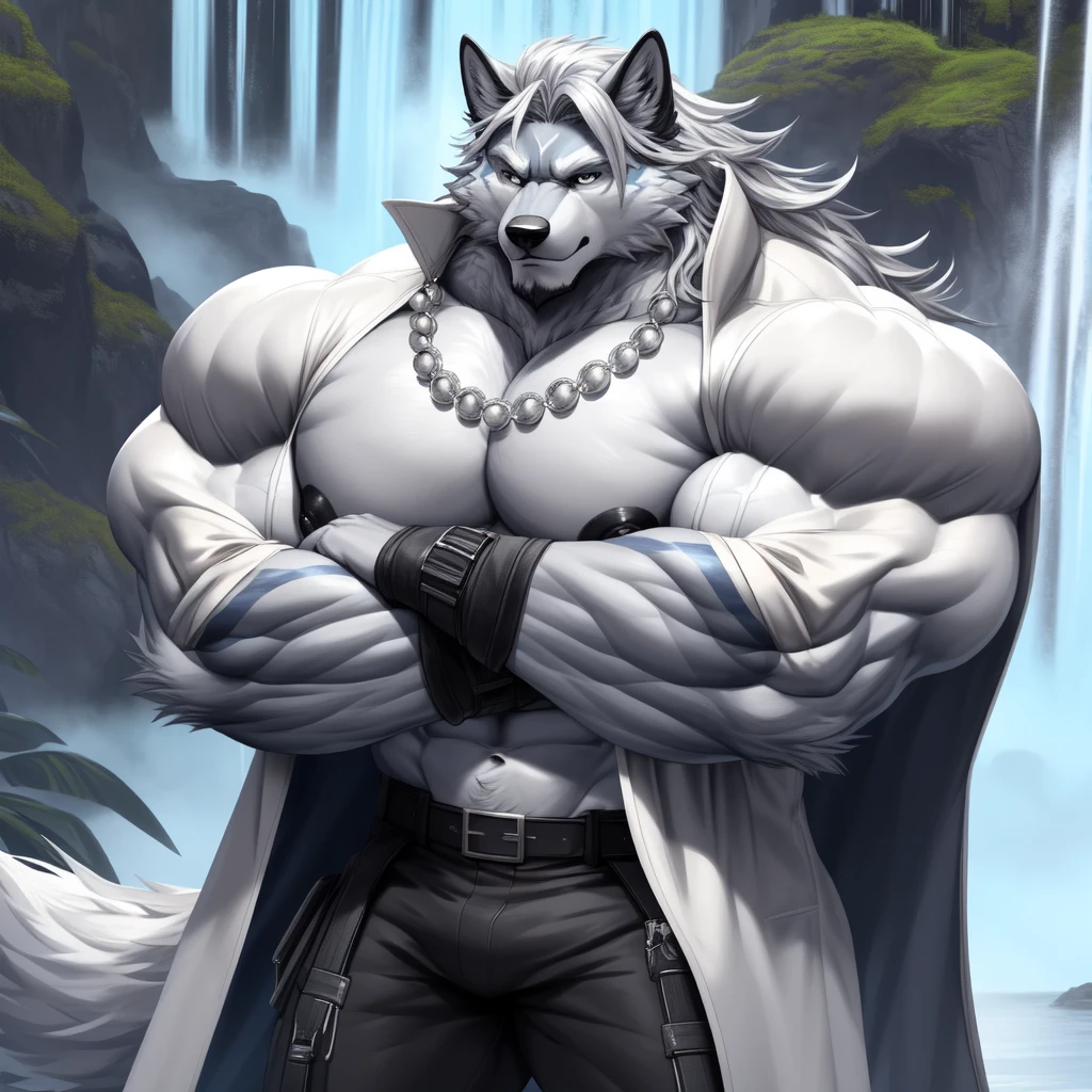 (upload on e621) (Masterpiece) (by Drks) (best quality) (ultra high res) 4K (8k HD) 2D (perfect anatomy) (digital art) (official art) (extreme detailed) (ultra detailed) (strapsanime) color (soft shading) (sharp focus) (waterfall background) 1man silver body fur silver belly detailed fluffy fur (ultra detailed face) high detailed eyes high detailed iris eyes high detailed silver eyes (white sclera) black pupils big navel abs bare pectoral (((huge black shiny nipples))) black claw nails furry wolf male mature male silver giant bulky muscular body fur giant size canid (((huge muscles))) (((hyper muscles))) huge pecs (((oversize pecs))) huge biceps (((giant biceps))) (((fullbody))) canine canis mammal powerful wolf god wolf male calm cool collected demeanor face badass wolf anthro solo standing (((wearing silver full complete sleeveless long trench coat jacket))) (((silver longest flowing length hair))) (((best longest silver hair))) (((silver longest flowing length back fur hair))) (((silver longest flowing length hair fur front lay on pecs))) (((perfect fingers))) (((five fingers))) silver hands and fingers (((wearing silver fingerless gloves))) (((silver arm bands on his biceps))) (((three silver arm bands on his forearms))) (((dark black huge bead necklaces))) (((dark black huge longer bead necklaces around neck to pecs))) (((silver long wolf tail))) (((black long pants with silver lines with belt straps on both legs))) (((silver electricity and silver surge aura flow entire body))) (((blue silver aura around his body))) (((crossed arm pose)))
