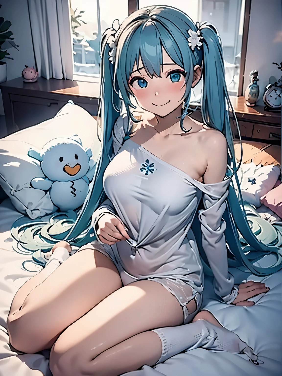 (masterpiece、highest quality、highest quality、Official Art、Beautiful and beautiful:1.2)、(One girl:1.3)Hatsune Miku、Twin tails,Big Breasts,heal,Reject EMO,very happy,very happy,Face life with a smile,Light of the sun,Long white hair,Fluffy winter pajamas,House of Clouds,Snowman pillow,