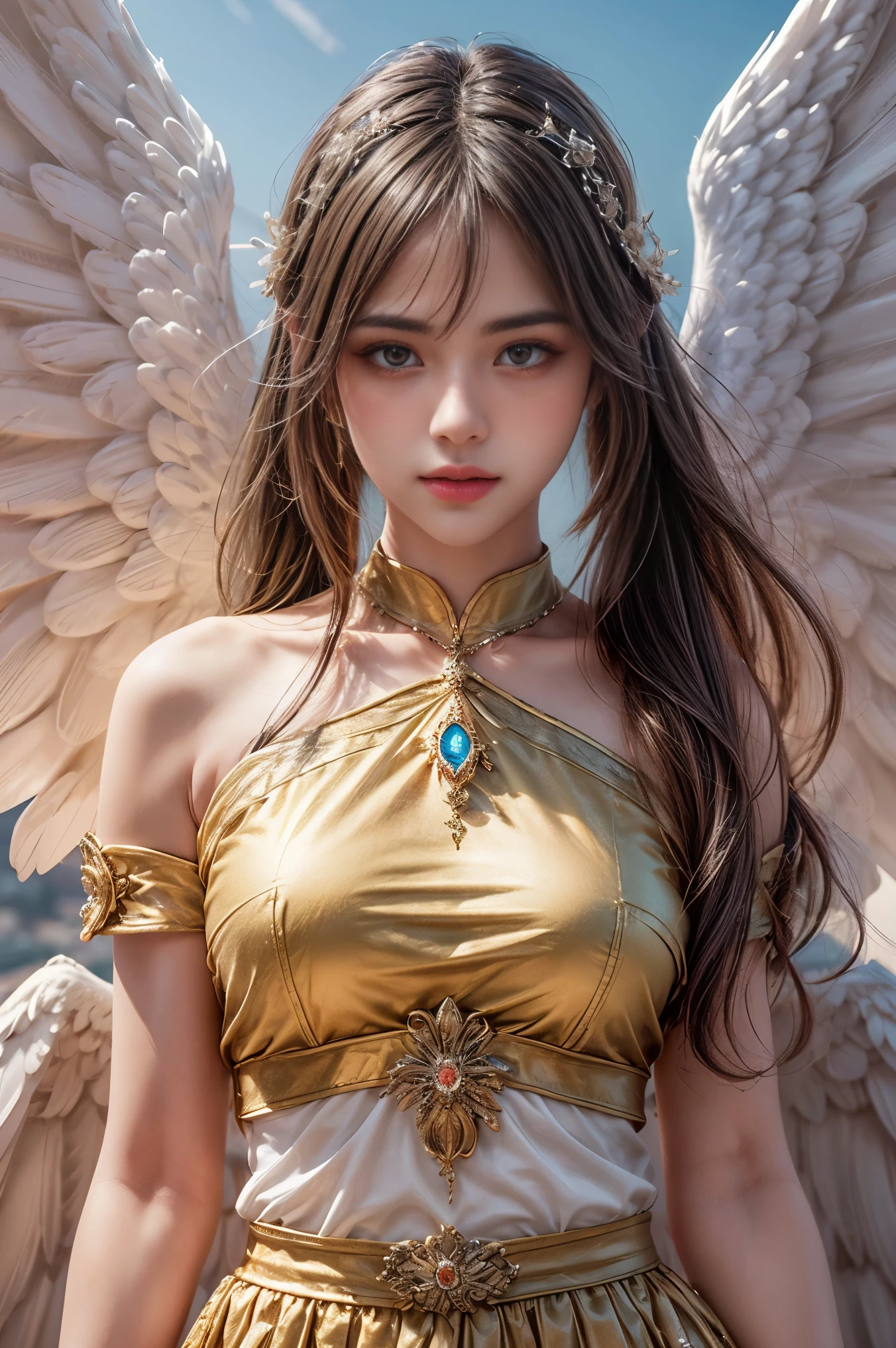 Illustrate an ultra-realistic 8K HDR panoramic image of an angelic girl with stunning wings, focusing on her upper body. Ensure meticulous attention to detail to capture the true essence of her divine presence.