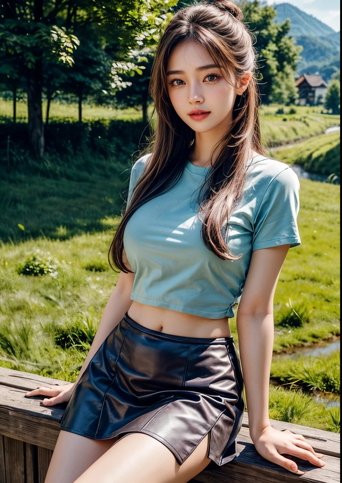 a beautiful Korean girl, 1girl, 20 years girl, long hair, blue eyes, cute expression, beautiful Switzerland houses, green fields, farming lands, river, beautiful bridges, cows, beautiful timber houses and roads in background, beautiful homes, hair bun, flower on hair, sitting on green grass field, pink beautiful bicycle in background, golden sunlight, detailed face, elegant pose, beautiful scenery, vibrant colors, cinematic lighting, photorealistic, extremely detailed, 8k, (best quality,4k,8k,highres,masterpiece:1.2),ultra-detailed,(realistic,photorealistic,photo-realistic:1.37), beautiful soft thighs, beautiful face, realistic face, realistic skin, realistic smile, realistic atmosphere, every thing is realistic, cutest smile, realistic body, realistic body language, mouth watering beauty, standing, upper body shot, cute face, stylish look, stylish angles, dark pink t-shirt with above knee length soft thin fabric tight green skirt, (navel), tempting eyes, one hand on hip another hand on hair angle,